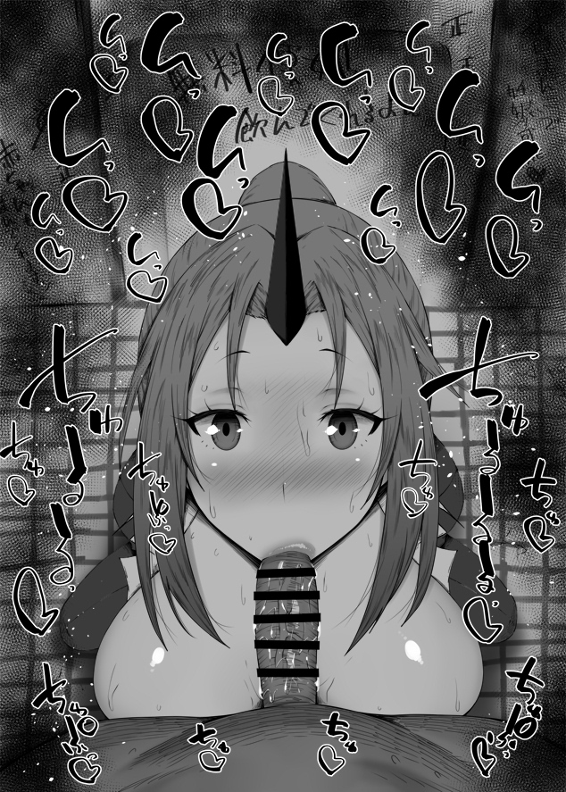 1boy, 1girls, big breasts, big penis, black and white, blowjob, blush, breasts, censored, dark skin, dark-skinned male, demon, demon girl, detailed background, drooling, eyelashes, fellatio, female, heart, horn, humanoid, indoor, inside, interracial, interspecies, kurotama, long hair, looking at viewer, male, male pov, oni, oral, oral sex, penis, ponytail, room, saliva, shiny, shiny skin, shion (tensei shitara slime datta ken), sketch, sound effects, squatting, suit, sweat, tensei shitara slime datta ken, text, tied hair, vein, veins, veiny, veiny penis