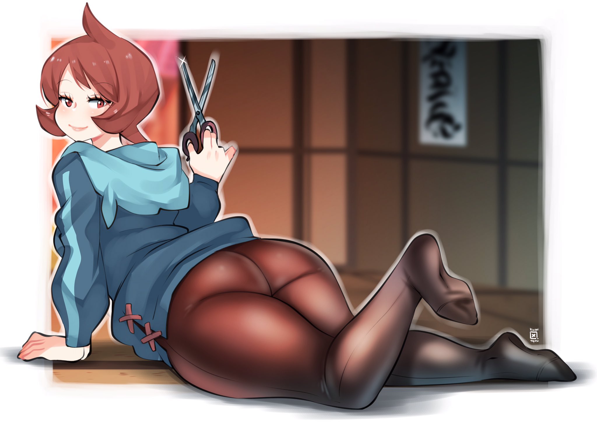 1girls, 2022, 2d, arezu (pokemon), ass, blush, clothed, clothed female, feet in stockings, female, female only, hi res, hips, holding object, indoors, kenron toqueen, large ass, leggings, long legs, looking at viewer, nintendo, octoosr, pokemon, pokemon legends: arceus, red eyes, red hair, scissors, short hair, slim waist, smile, solo, thick thighs, thighs, tights, wide hips