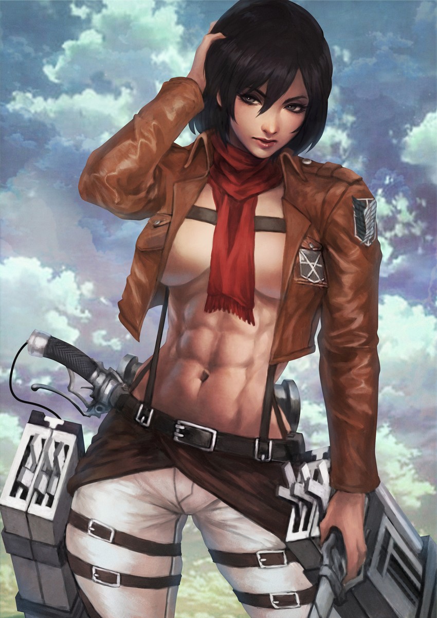 1girls abs absurdres attack_on_titan bangs black_hair bomber_jacket breasts cloud cloudy_sky cropped_jacket day female hair_between_eyes highres holding holding_weapon jacket lips mikasa_ackerman monorirogue muscular muscular_female no_bra outdoors pants red_scarf scarf shingeki_no_kyojin short_hair sky solo three-dimensional_maneuver_gear weapon