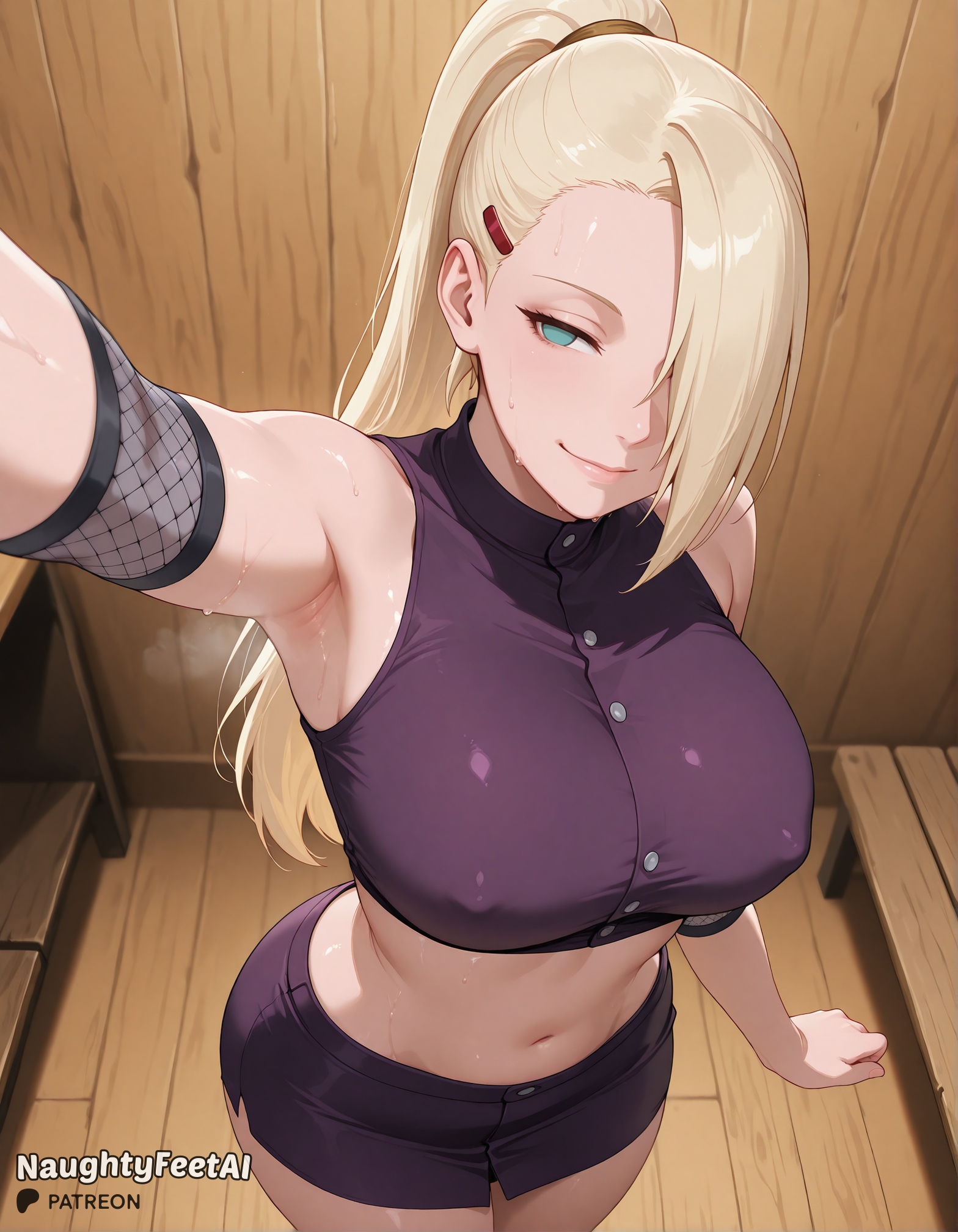 1girl, 1girls, ai generated, ai-created, aqua eyes, ass, bedroom eyes, bench, big ass, big breasts, blonde, blonde hair, breasts, bubble butt, cleavage, crop top, croptop, curvaceous, curvy, curvy female, curvy figure, depth of field, erect nipples, female, female only, fishnets, from above, hair over one eye, hairclip, half lidded eyes, hips, huge ass, huge breasts, ino yamanaka, large breasts, lidded eyes, long hair, midriff, narrowed eyes, naruto, naruto (series), naruto shippuden, naughtyfeetai, navel, nipple outline, nipples, no pupils, ponytail, puffy nipples, purple skirt, seductive, seductive smile, selfie, sexy, sexy pose, skirt, slim waist, smile, smooth skin, solo, standing, sweating, sweating profusely, thick ass, thick thighs, thighs, thin waist, wide hips, wooden floor, yamanaka ino