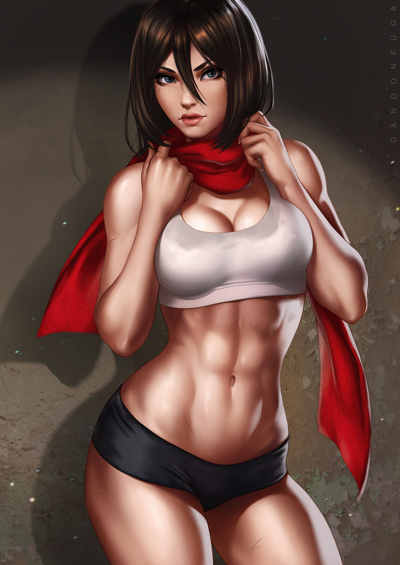 abs, arms up, artist name, attack on titan, bangs, black hair, black panties, blue eyes, breasts, contrapposto, dandon fuga, female, hair between eyes, large breasts, lips, looking at viewer, mikasa ackerman, navel, panties, realistic, red scarf, scarf, shingeki no kyojin, short hair, solo, sports bra, standing, stomach, toned, underwear, underwear only