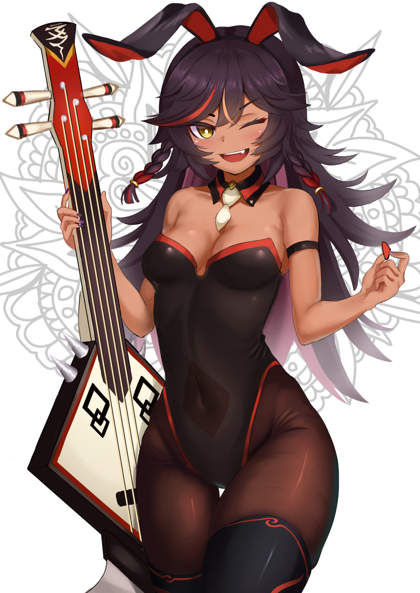 1girls, alternate hairstyle, bunny ears, bunny girl, dark skin, female, female only, genshin impact, long hair, thighs, winking, xinyan (genshin impact)