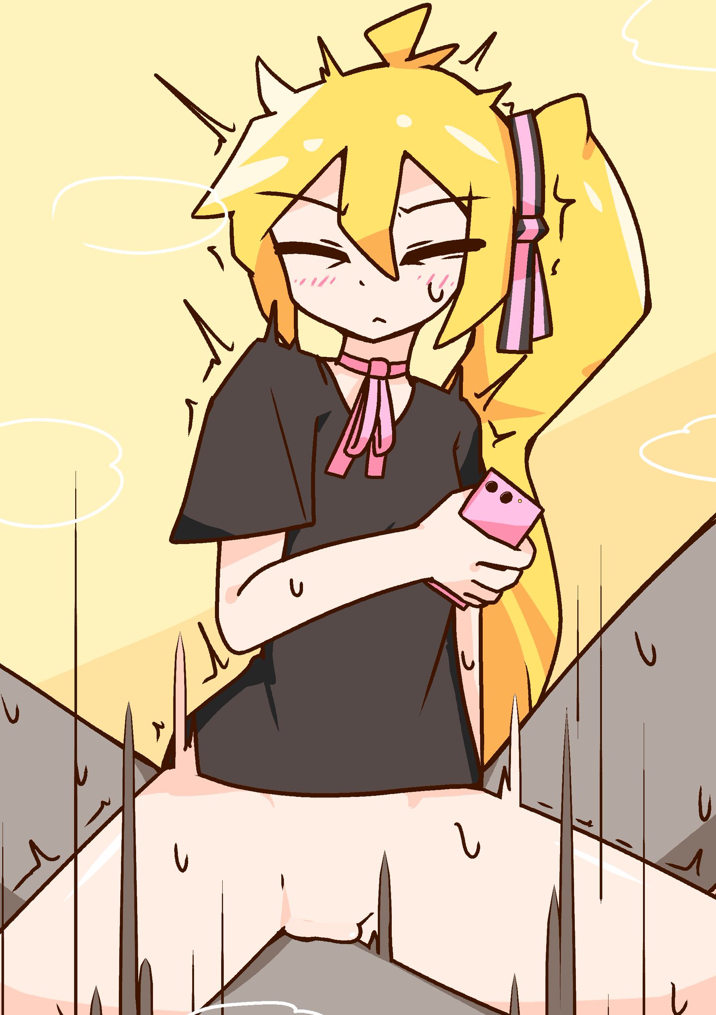 1boy, 1girls, accurate art style, accurate body type, accurate proportions, akita neru, bodily fluids, bottomless, bottomless female, closed eyes, closed mouth, clothed, clothed female, clothed sex, clothing, color, cowgirl position, female, female focus, flat chest, flop era (vocaloid), genitals, girl on top, hair, hetero, human, human only, light skin, long hair, male, male pov, motion lines, mv character, naked, naked male, necktie, nude, nude male, official style, partially clothed, penetration, phone, pov, pussy, ribbon, sex, shirt, simple background, source, spread legs, straight, sweat, sweatdrop, twitter link, vaginal penetration, vaginal sex, vocaloid, voifoooork, yellow hair