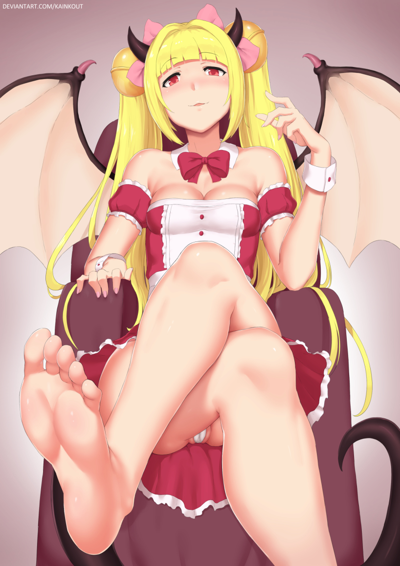 1girls, ass, blonde hair, blush, breasts, character request, close up, close-up, demon, demon girl, demon wings, feet, female, femdom, foot fetish, horns, kainkout, legs, red eyes, sitting, small breasts, sole female, succubus, thin waist, toes, twintails, watermark