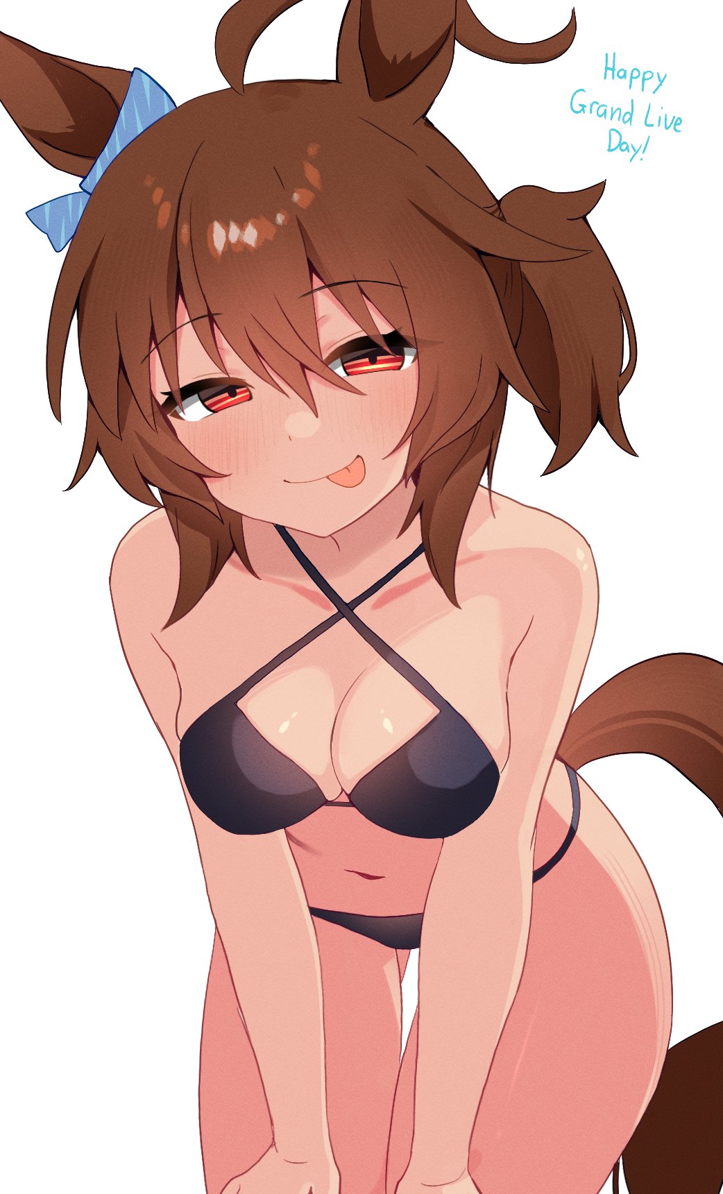 1girl, agnes tachyon (umamusume), black bikini, brown hair, cleavage, horse ears, horse girl, leaning forward, medium breasts, navel, nyaivie, red eyes, short hair, side ponytail, smile, solo, stomach, thighs, tongue out, umamusume, umamusume pretty derby
