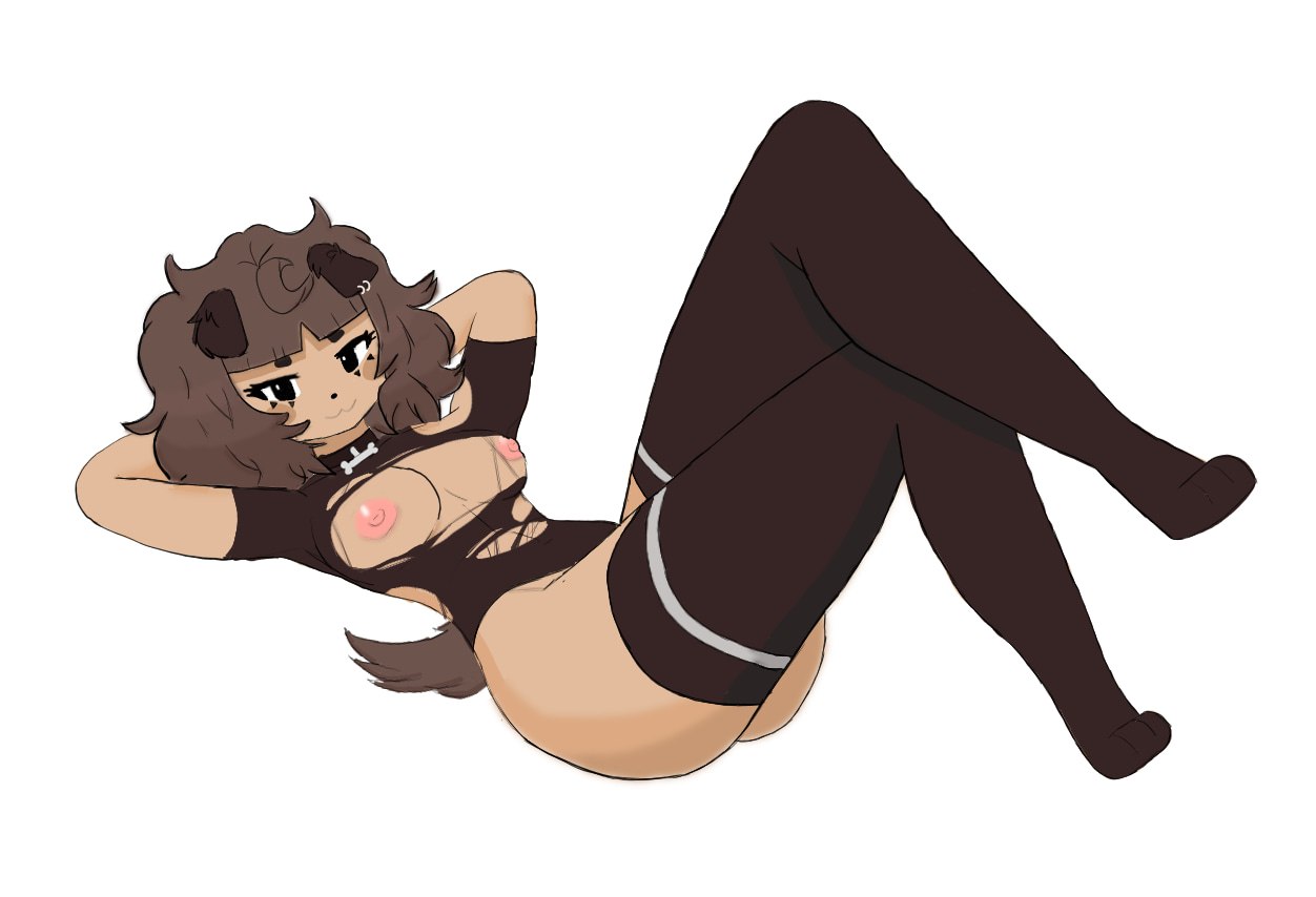 black eyes, boobs, brown body, brown fur, brown hair, brown stockings, brown tail, dog ears, dog tail, hands behind head, laying down, leg on thigh, mimi (typh), nipples, pink nipples, ripped clothing, stockings, thighs, typh