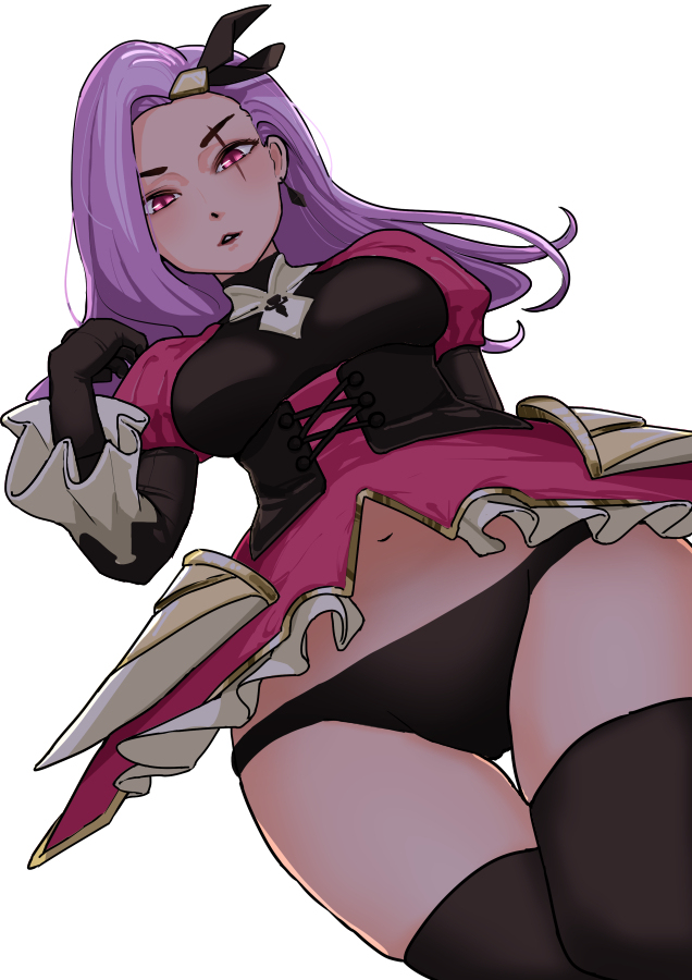 battle_queen_katarina battle_queens_series black_panties from_below katarina_du_couteau league_of_legends navel pack_of_inu panties pink_eyes purple_hair scar standing thighhighs