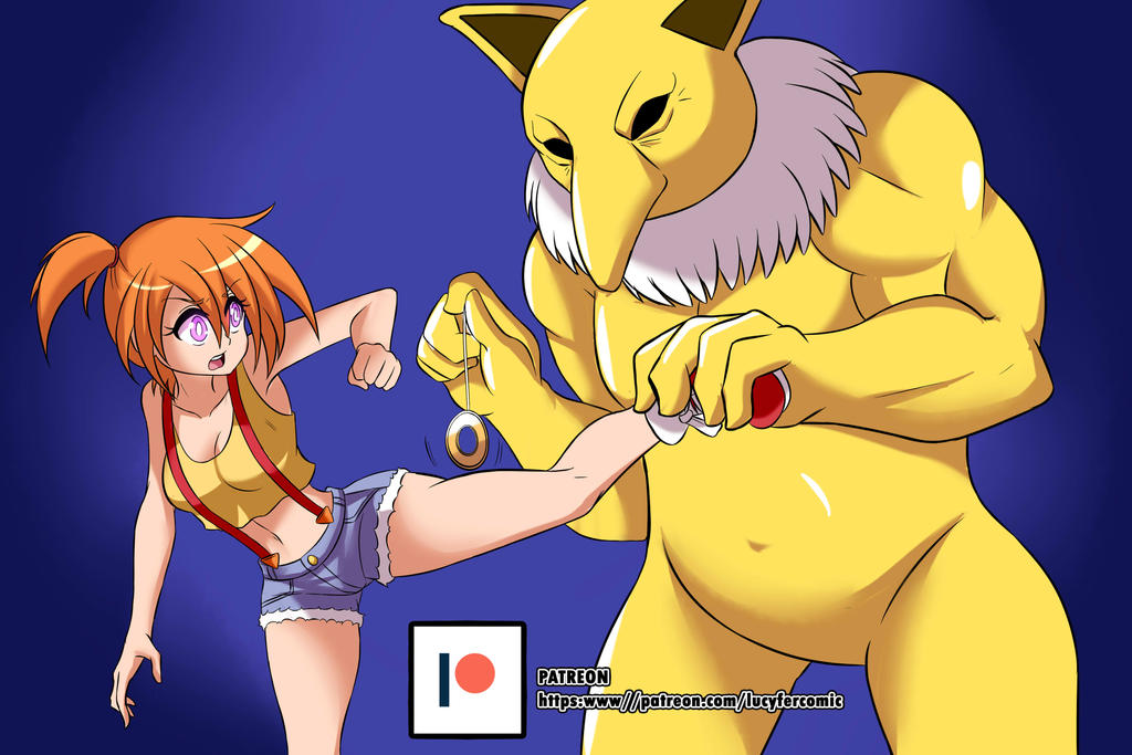 1girls, 2018, breasts, cleavage, female, femsub, glowing, glowing eyes, goblin slayer, gym leader, hypno, imminent rape, kasumi (pokemon), large breasts, leg grab, lucyfercomic, male, maledom, medium breasts, midriff, mind control, misty (pokemon), nintendo, open mouth, orange hair, parody, patreon logo, patreon url, pendulum, pink eyes, pokemon, pokemon (species), pokemon rgby, red hair, reference image, restrained, scene reference, short hair, short orange hair, side ponytail, suspenders