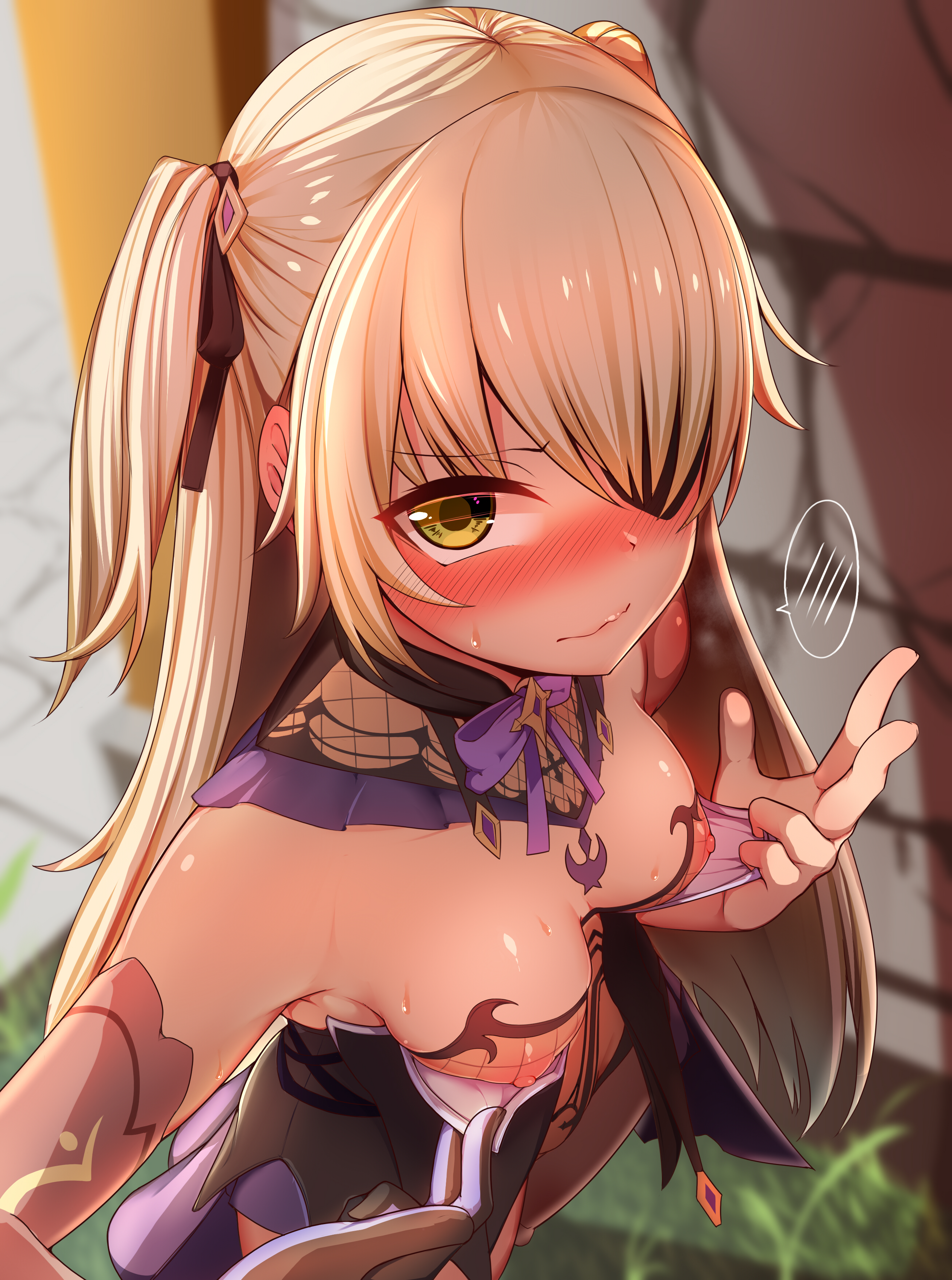 absurdres, armpits, bare shoulders, black dress, blonde hair, blush, bodysuit, bow, bowtie, breasts, closed mouth, detached collar, detached sleeves, dress, eyepatch, female, fischl (genshin impact), fishnet bodysuit, fishnets, genshin impact, green eyes, hairbow, highres, long hair, looking at viewer, medium breasts, moyashi baasuto, nipples, open clothes, open dress, selfie, sleeveless, sleeveless dress, solo, spoken blush, sweat, thought bubble, wavy mouth