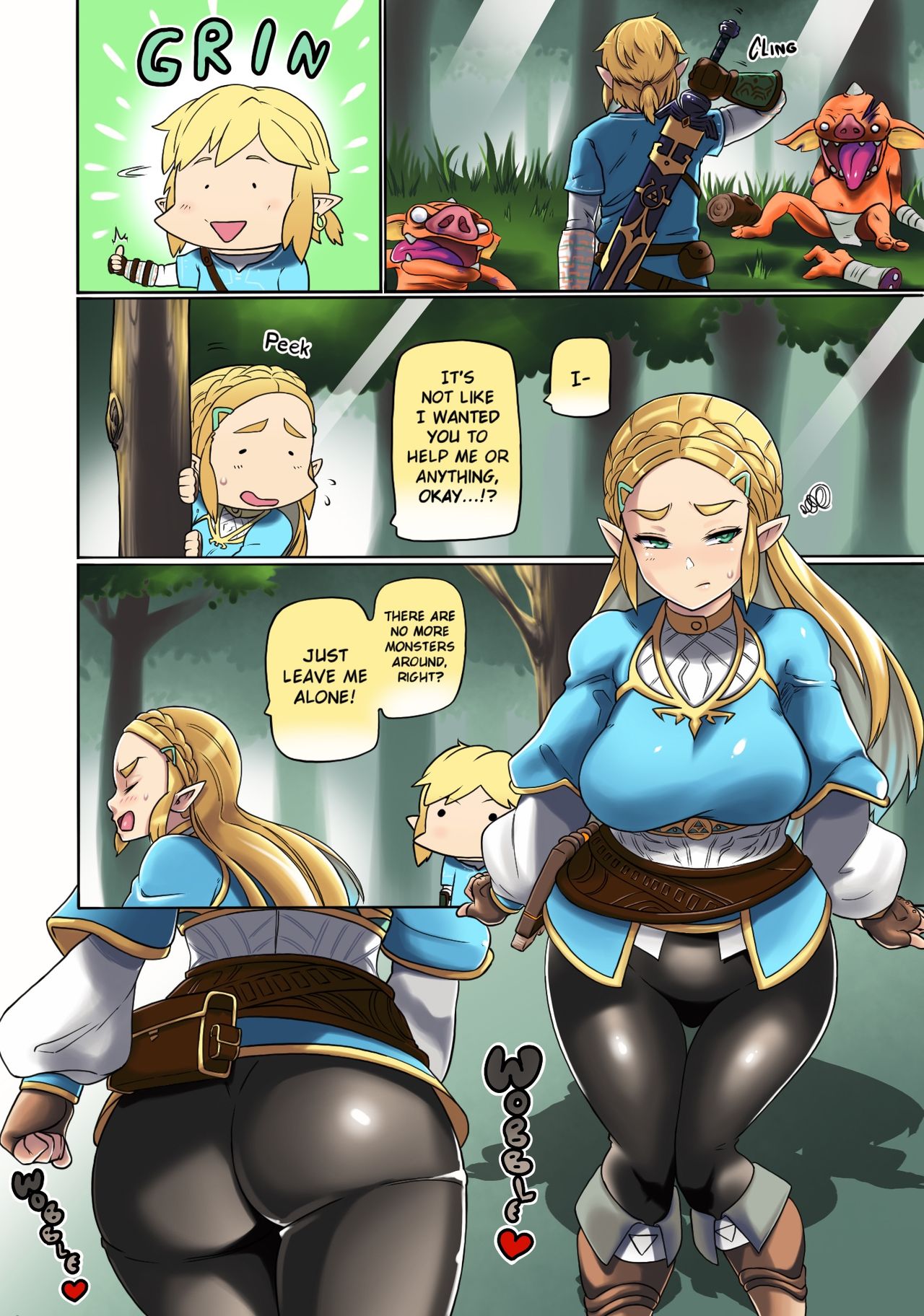 1boy, 1girls, ass, big ass, big breasts, big butt, blonde hair, bokoblin, bokoblin (breath of the wild), breasts, breath of the wild, colored, comic, comic page, curvy, female, fully clothed, hair, light skin, light-skinned female, light-skinned male, link, link (breath of the wild), male, nintendo, nuezou, princess zelda, the legend of zelda, thick ass, thick thighs, uncensored, wide hips, zelda (breath of the wild)