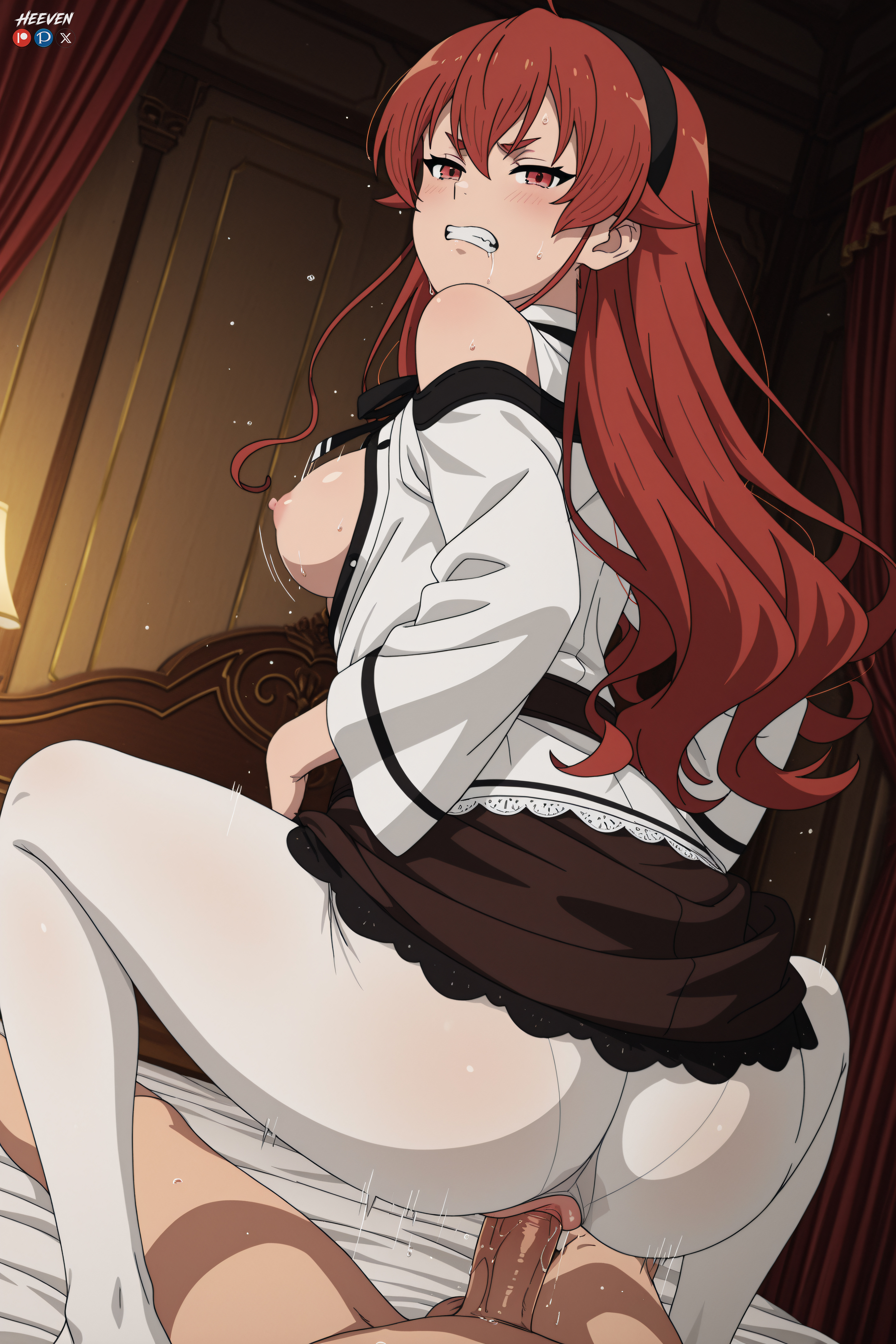 1boy, 1girl, absurdres, adult, aged up, ahoge, ai assisted, ai generated, ass, bangs, bare shoulders, bed, big breasts, black hairband, blush, breasts, breasts out, brown skirt, clenched teeth, clothed female nude male, clothed sex, clothes lift, curtains, eris greyrat, explicit, female, girl on top, hairband, heeven, hetero, highres, indoors, long hair, long sleeves, looking at viewer, looking back, male, mature, medium breasts, mushoku tensei, mushoku tensei: isekai ittara honki dasu, nipples, nude, on bed, pantyhose, patreon, patreon username, penis, perfect body, pussy, red eyes, red hair, reverse cowgirl position, sex, sex from behind, shirt, skirt, solo focus, straddling, sweat, teeth, torn clothes, uncensored, vaginal, white pantyhose, white shirt