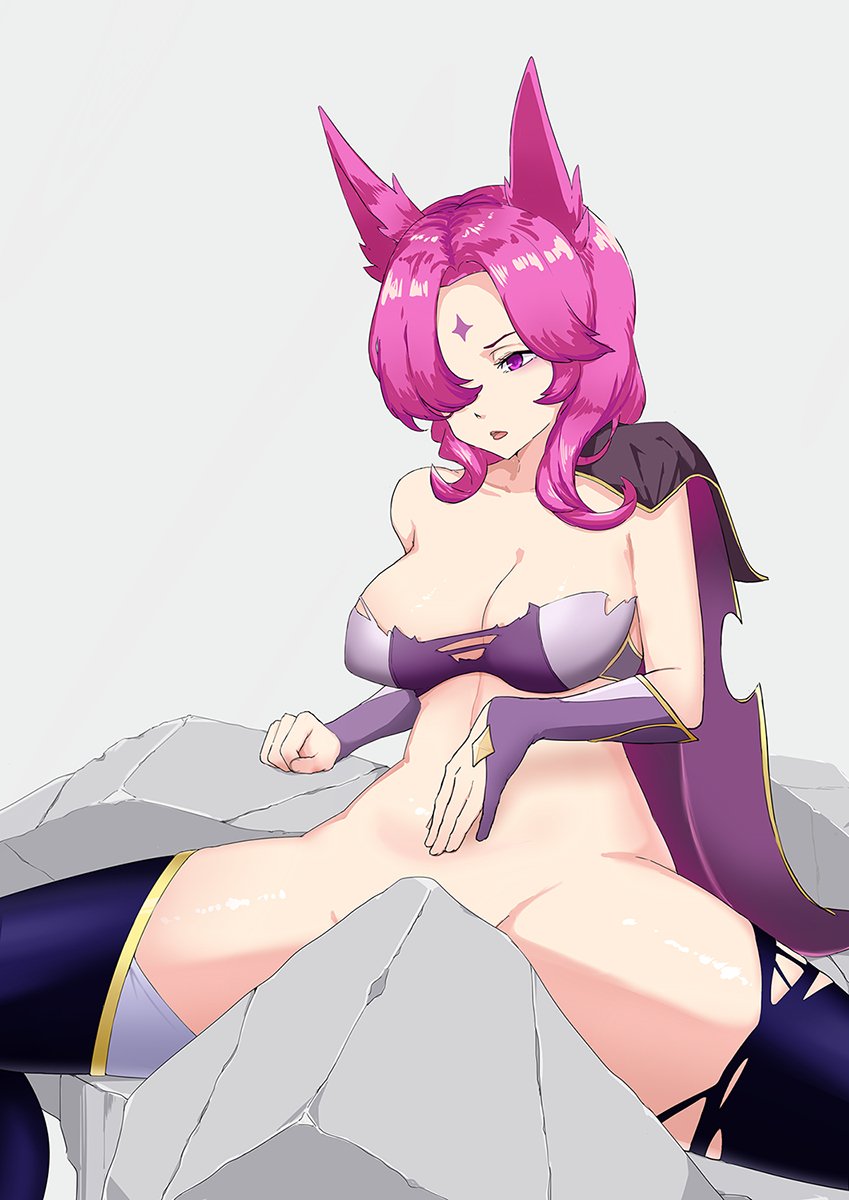 animal_ears bottomless breasts cleavage league_of_legends pack_of_inu pink_eyes pink_hair spread_legs star_guardian_series star_guardian_xayah stuck thighhighs xayah