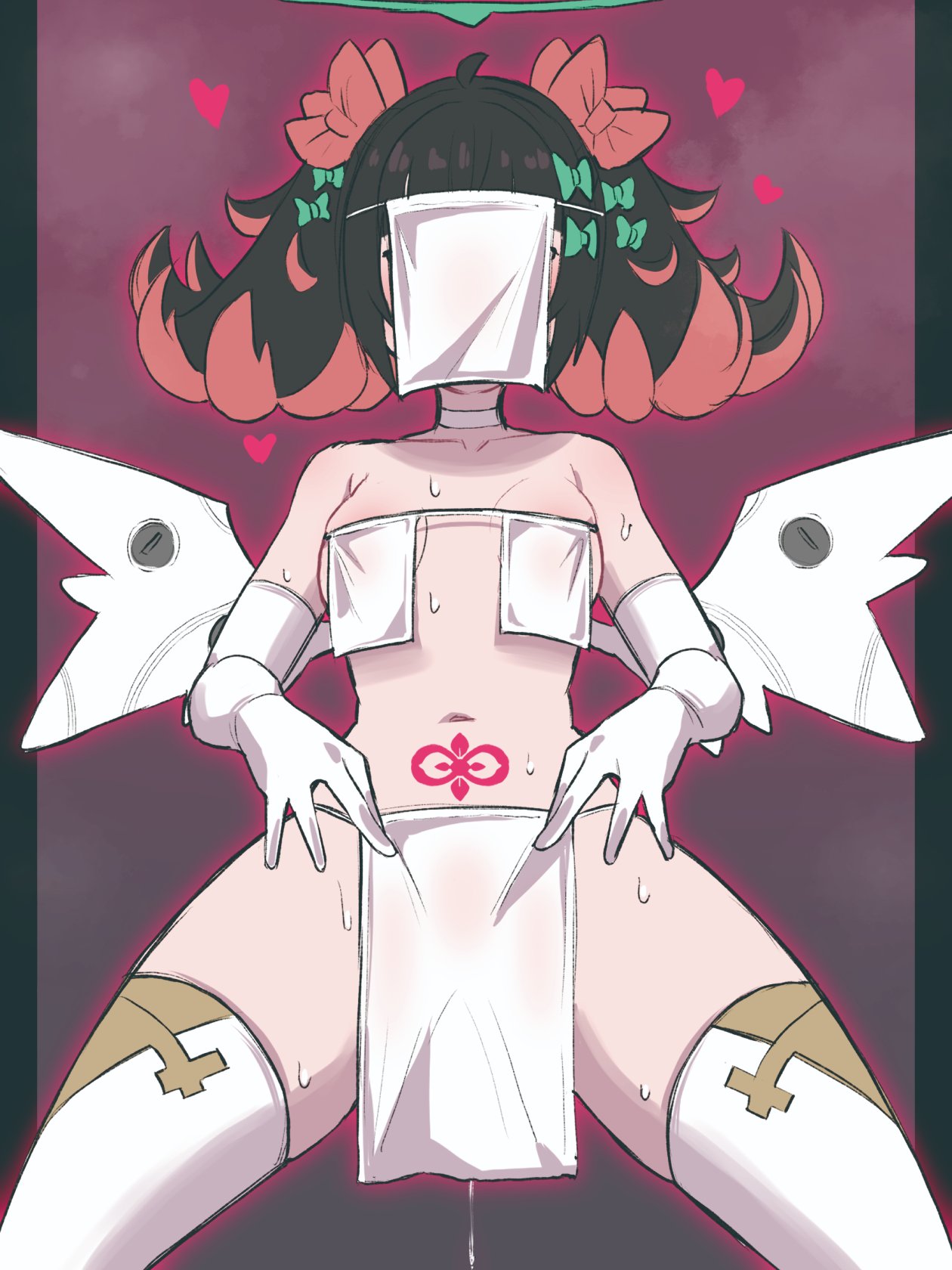 1girls, angel wings, angels of delusion, barely covered, black hair, breastcloth, breasts, breasts covered, choker, covered crotch, covered nipples, covered pussy, cultist, face covered, face mask, halo, heart, hg31434705, highres, holding loincloth, hoyoverse, legs apart, legs spread, light skin, light-skinned female, loin cloth, loincloth, midriff, multicolored hair, nangong yu (zenless zone zero), navel, petite, petite body, petite female, pink hair, presenting pussy, pussy covered, pussy juice, pussy juice drip, ribbon, simple background, small breasts, solo, solo focus, steam, sweat, sweaty, thighhighs, thighs, two-tone hair, vaginal juice drip, vaginal juices, veil, wings, womb tattoo, zenless zone zero