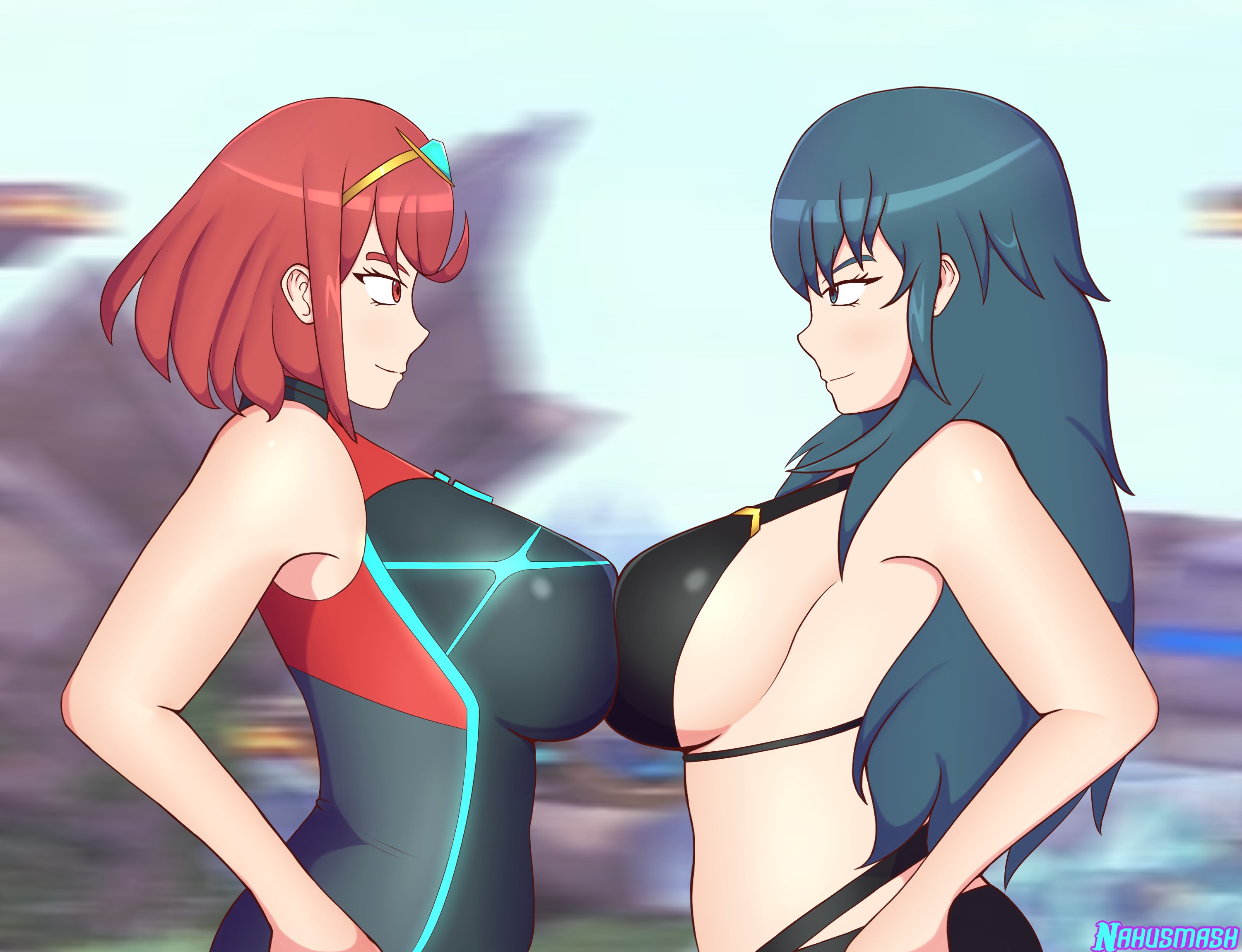 2girls, alternate breast size, bikini, black bikini, black swimsuit, breasts, byleth (fire emblem), byleth (fire emblem) (female), confident, crossover, female, fire emblem, fire emblem heroes, fire emblem: three houses, huge breasts, large breasts, long hair, looking at another, nahusmash, nintendo, one-piece swimsuit, pyra, red hair, short hair, sideboob, smile, super smash bros., super smash bros. ultimate, swimsuit, symmetrical docking, teal hair, xenoblade (series), xenoblade chronicles 2