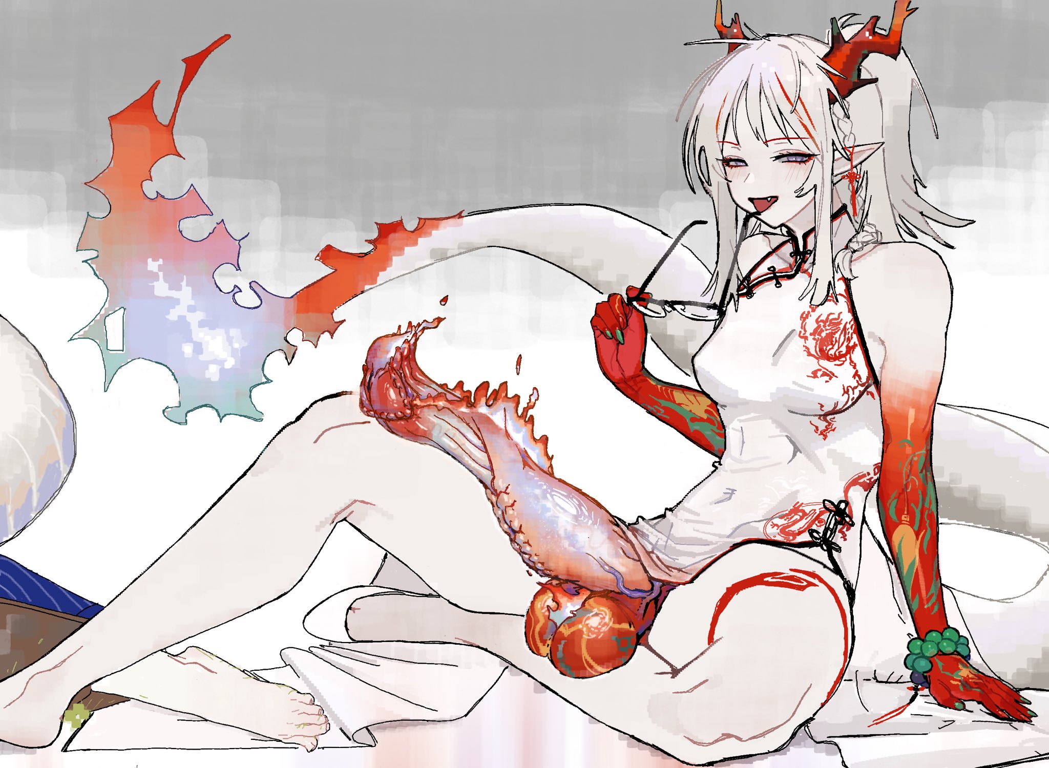 1futa, animal genitalia, arknights, cheongsam, china dress, dragon girl, futa only, futanari, glasses, nian (arknights), no panties, solo, solo futa, tail, tongue out, victim alice