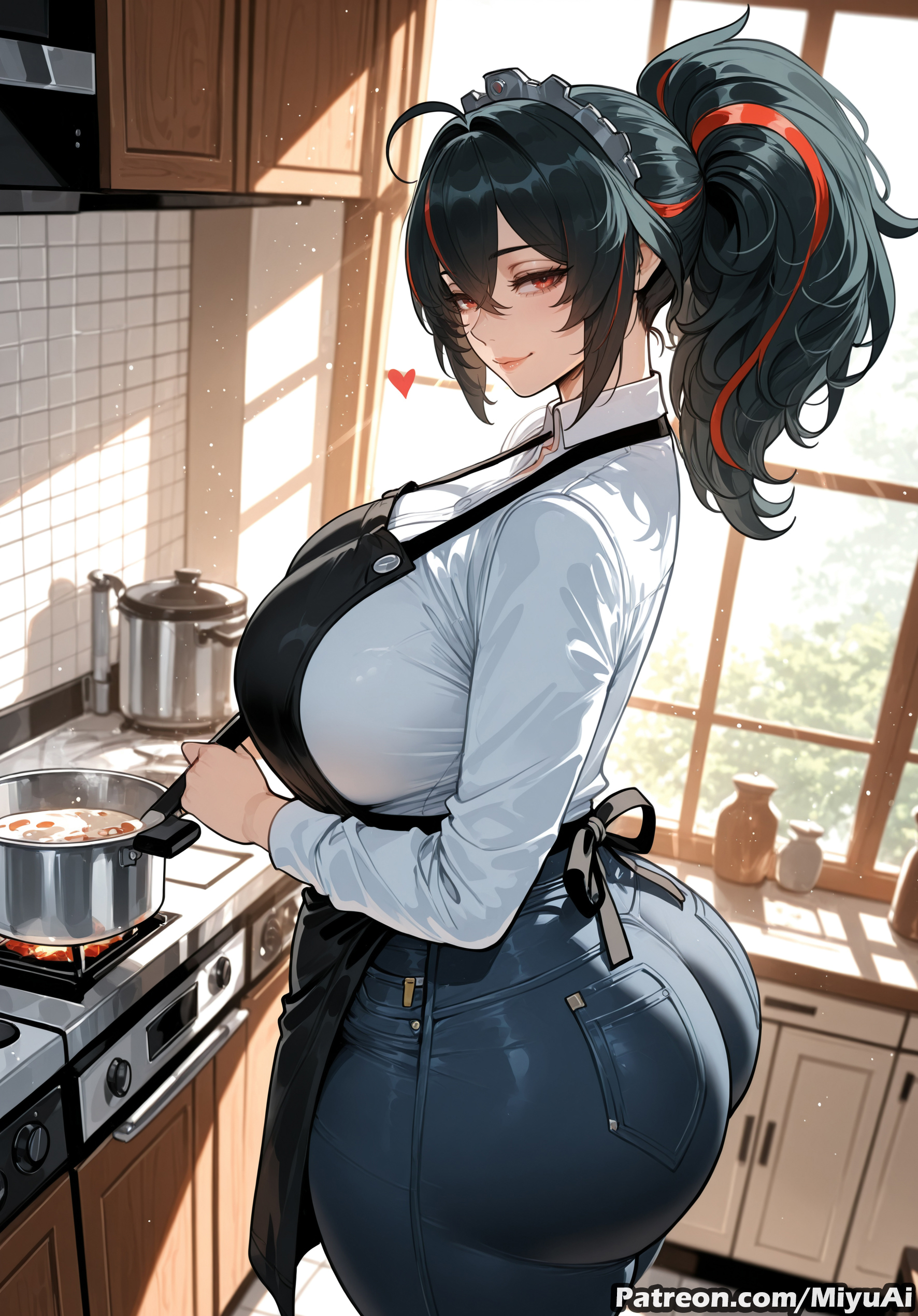 1girl, ai assisted, ai generated, apron, ass, black hair, breasts, cooking, curvaceous, curvy, curvy female, curvy figure, denim, female, huge breasts, indoors, jeans, kitchen, long hair, looking at viewer, looking back, miyuai, pants, ponytail, pot, smile, stove, thick, thick ass, thick butt, thick hips, thick legs, thick thighs, voluptuous, voluptuous female, wide hips, wide thighs, window, zenless zone zero, zhu yuan