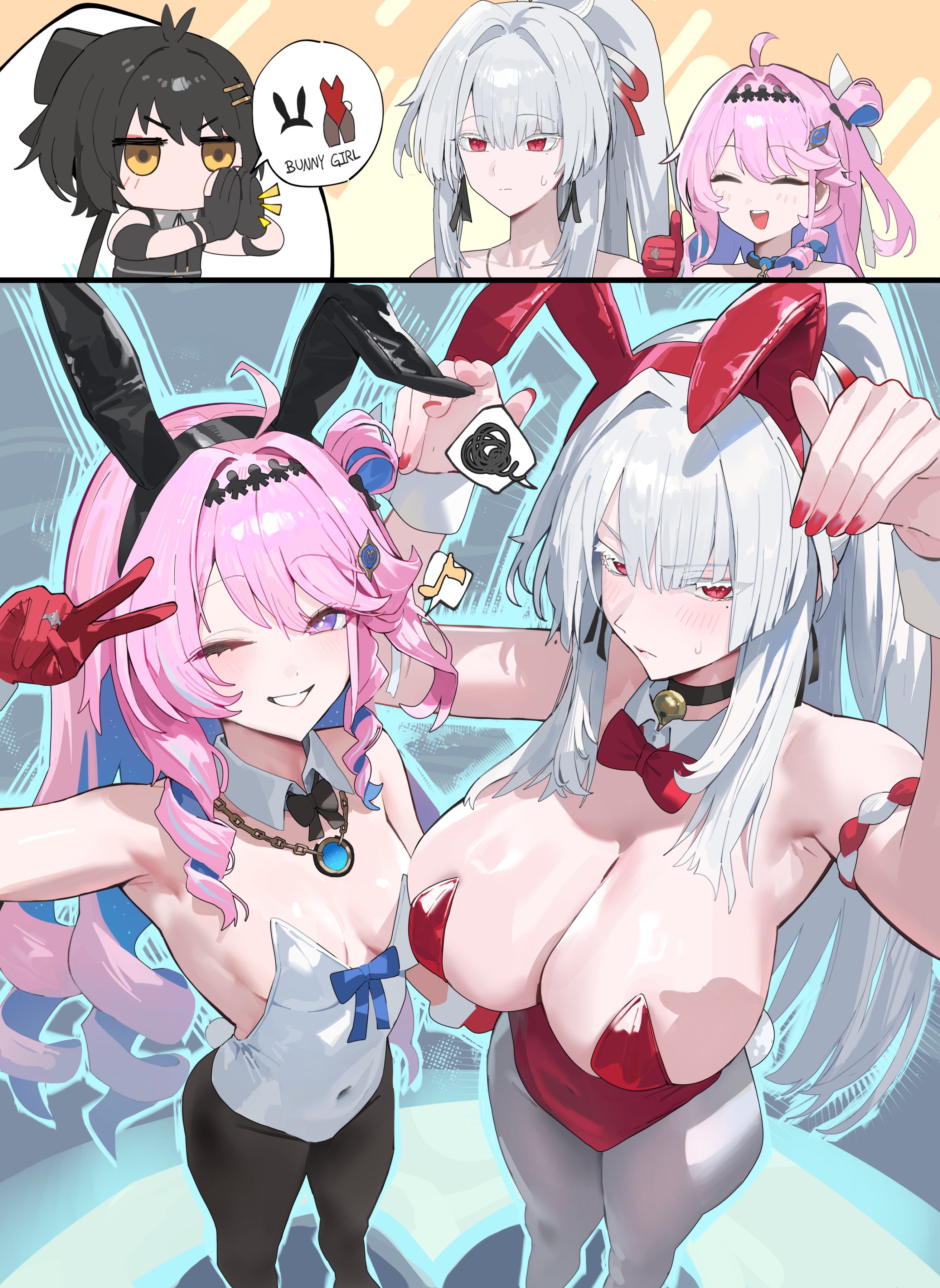 big breasts, bodysuit, bunny ears, bunnysuit, denia (wuthering waves), female rover (wuthering waves), hiyuki (wuthering waves), hood x art, pink hair, sexy, sexy pose, smile, white hair, wuthering waves