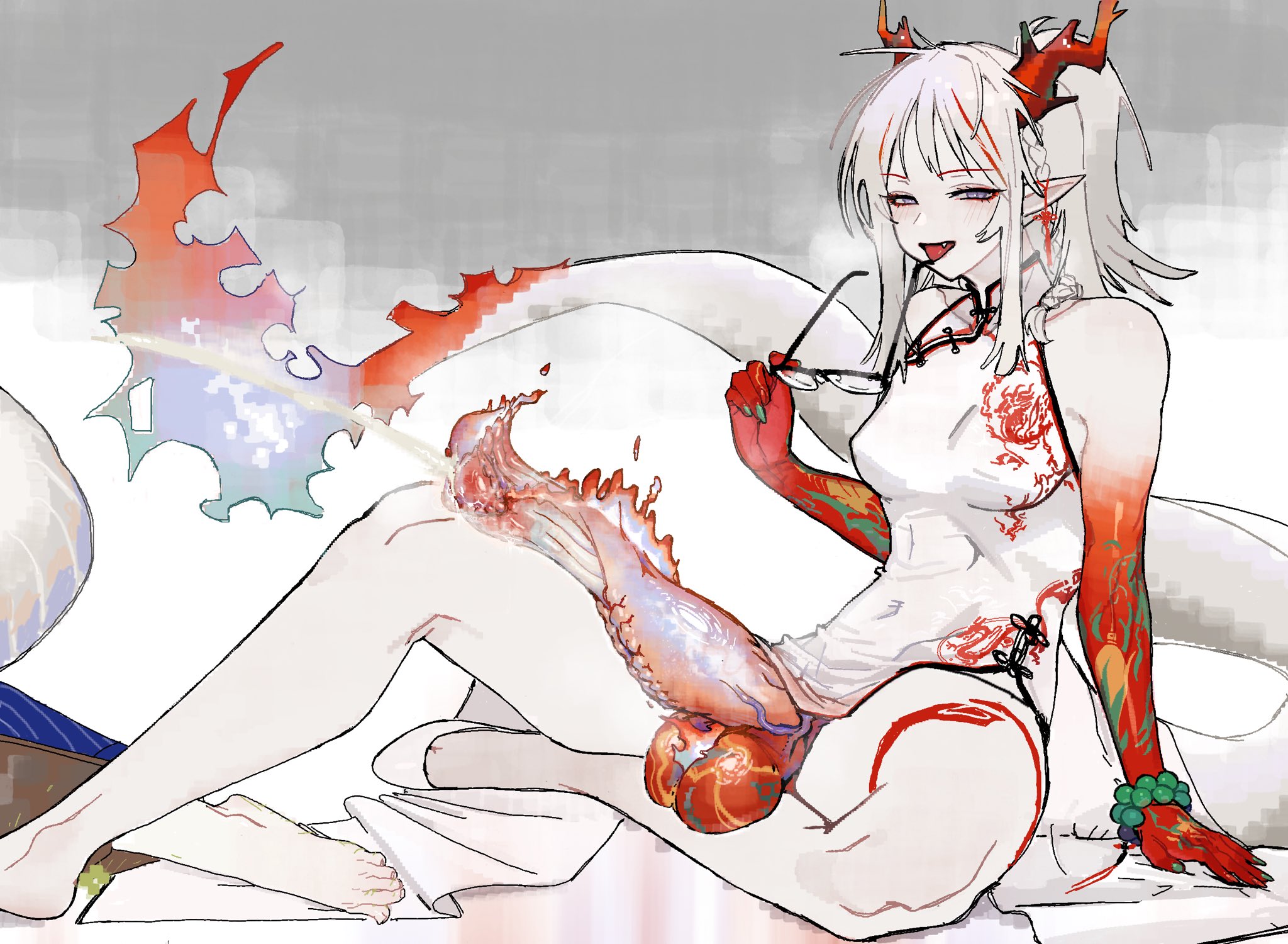 1futa, animal genitalia, arknights, cheongsam, china dress, cum, cute fang, dragon girl, futanari, glasses, nian (arknights), no panties, solo, solo futa, tail, tongue out, victim alice