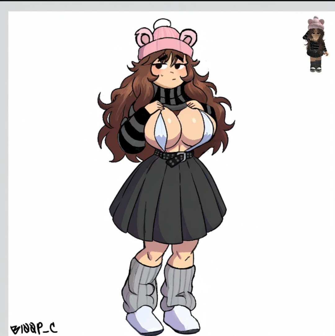 1girls, annoyed, bikini top, bl00p, breasts, exposing breasts, female, female only, jennie (jennie rblx), looking away, nervous sweat, reference image, roblox, roblox avatar, robloxian, tagme