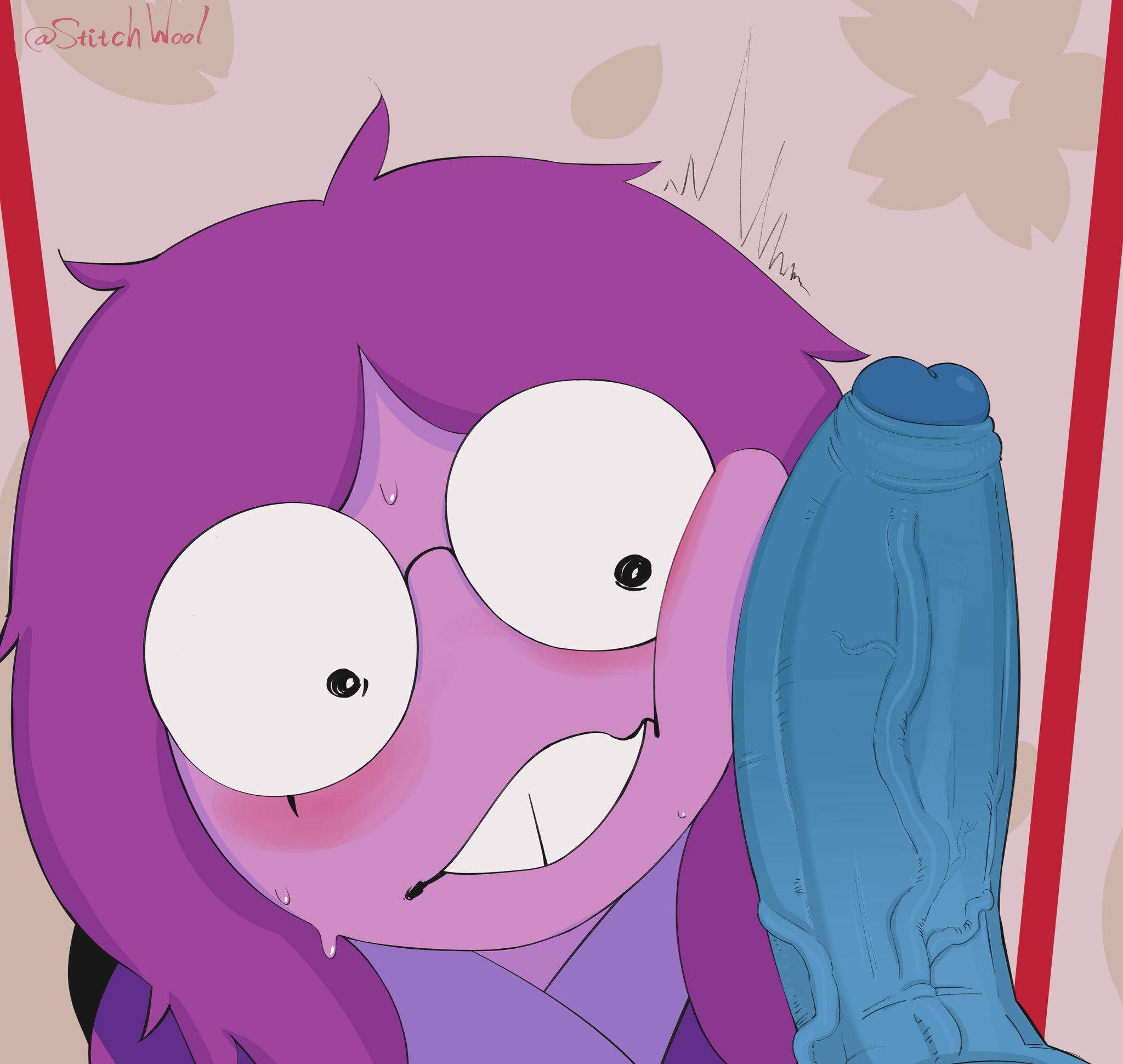 ambiguous gender, background, berdly, big penis, blush, buckteeth, closed mouth, color, deltarune, deltarune chapter 5, eyelashes, glasses, hair, heart, looking at genitalia, looking at penis, open eyes, penis, penis on face, purple body, purple hair, purple skin, seth (deltarune), source, stitchwool, sweat, twitter link, veiny penis, yaoi