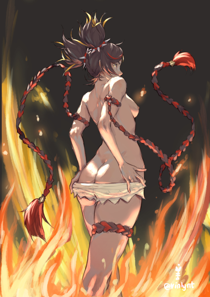 1girls, artist request, ass, back, breasts, dark skin, dressing, female, female only, fire, genshin impact, twintails, undressing, xinyan (genshin impact)