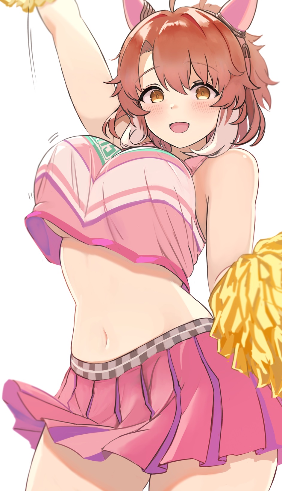 1girl, arm up, bare shoulders, beautiful girl, bouncing breasts, brown eyes, brown hair, cheerleader, crop top, crop top overhang, cropped shirt, dantsu flame (umamusume), enumiyan, happy female, holding pom poms, horse ears, horse girl, large breasts, miniskirt, multicolored hair, navel, oblivious sexualization, open mouth, pink shirt, pink skirt, pleated miniskirt, pleated skirt, pom pom (cheerleading), pom poms, short hair, sleeveless shirt, smile, solo, stomach, thick thighs, thighs, umamusume, umamusume pretty derby, underboob, white hair