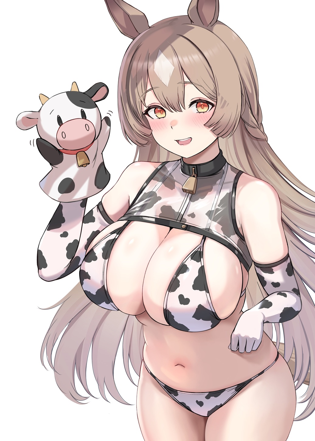 1girl, bare shoulders, brown eyes, brown hair, cleavage, cow print armwear, cow print bikini, elbow gloves, enumiyan, hand puppet, horse ears, horse girl, large breasts, long hair, looking at viewer, navel, open mouth, satono diamond (umamusume), smile, solo, stomach, umamusume, umamusume pretty derby