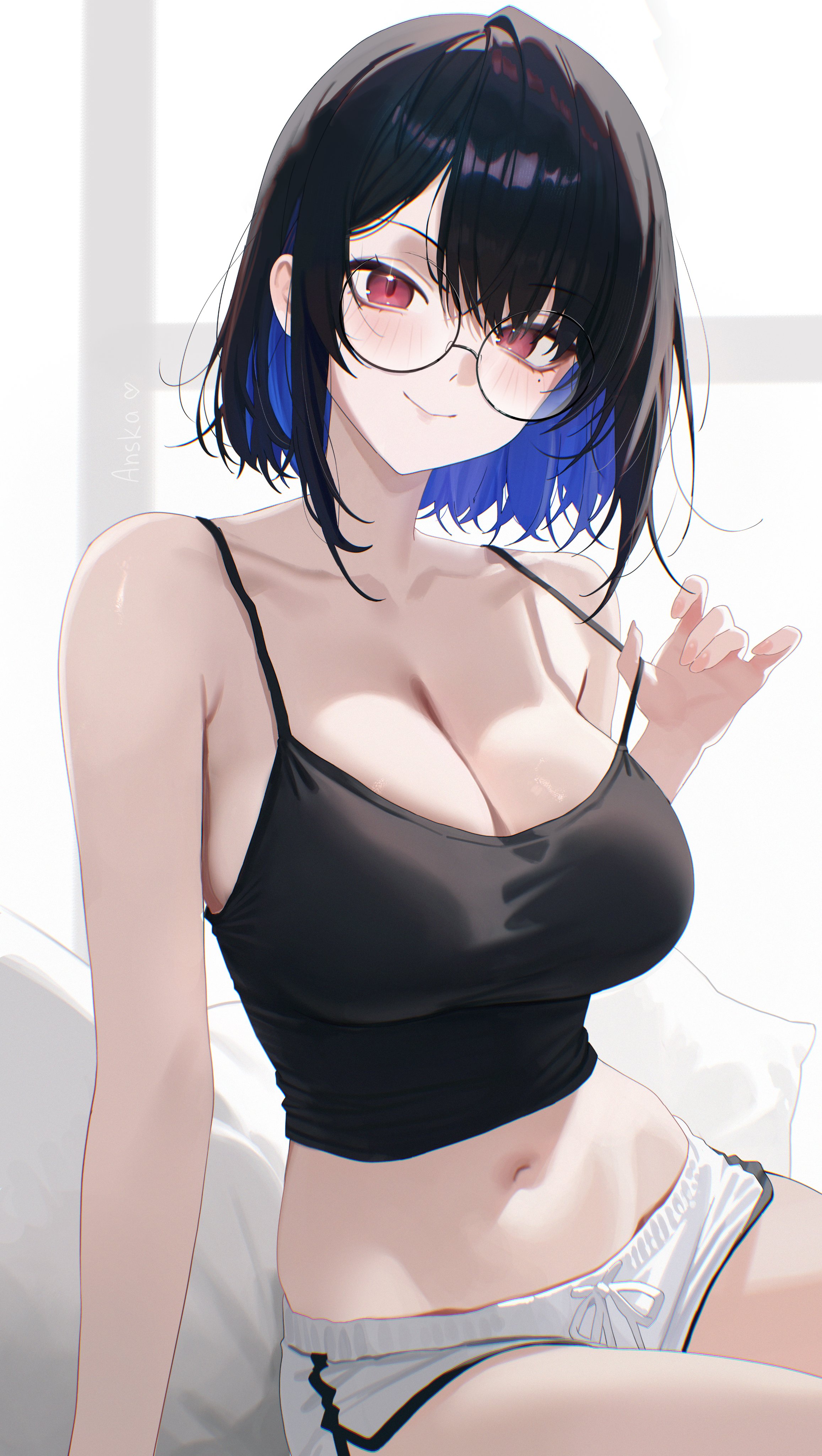 1girls, anska, black and blue hair, black hair, cleavage, female, hololive, hololive english, large breasts, midriff, navel, nerissa ravencroft, pulling strap, red eyes, shorts, shoulders, skinny with big breasts, solo, tank top, tummy, virtual youtuber, vtuber