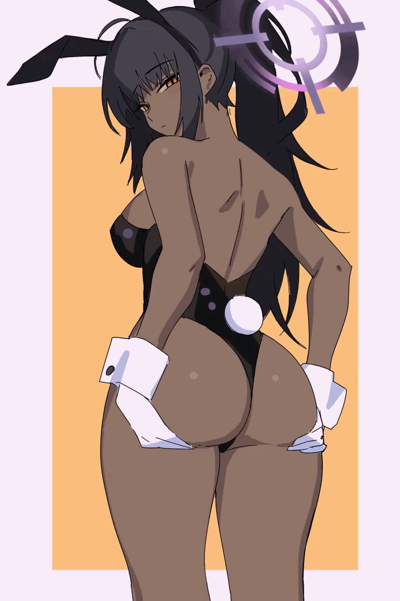 1girls, animal ear hairband, animal ears, animated, ass, bare shoulders, black hair, black leotard, blue archive, breasts, dark skin, dark-skinned female, distr, fake animal ears, fake tail, gif, gloves, grabbing own ass, halo, karin (blue archive), karin (bunny) (blue archive), leotard, long hair, looking at viewer, looking back, looping animation, medium breasts, playboy bunny, ponytail, purple halo, rabbit ears, rabbit tail, sideboob, simple background, solo, standing, strapless, strapless leotard, tagme, tail, thighs, white gloves, white wrist cuffs, wrist cuffs, yellow eyes