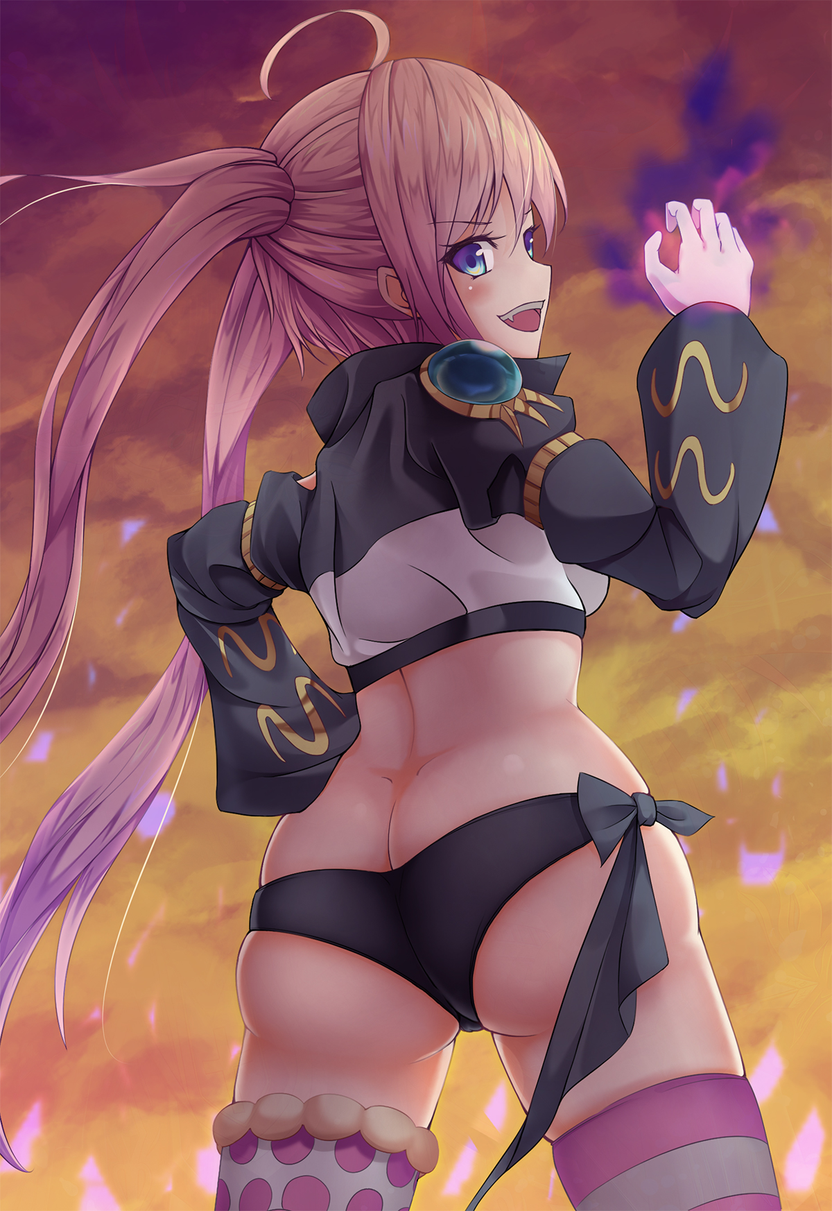 1girls, ass, ass crack, big ass, big butt, black panties, blue eyes, butt crack, clothed, clothed female, female, female only, from behind, looking at viewer, looking back, milim nava, mostly clothed, panties, pink hair, shrug (clothing), single thighhigh, tensei shitara slime datta ken, thighhighs, twintails