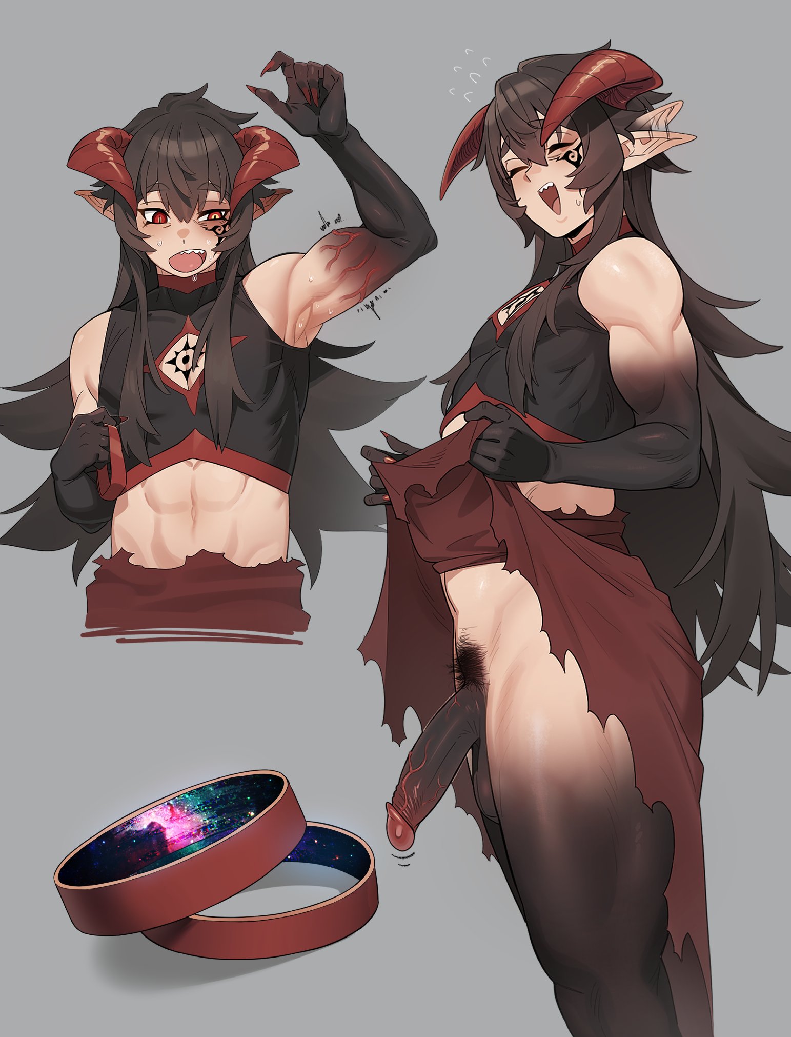 abs, ain (in), big penis, black arms, black limbs, brown hair, darkened genitalia, demon king (in), dilf, femboy, horns, in (ain), in ya1111, long hair, markings, muscular male, pointy ears, red eyes, red horns, sharp teeth, thick thighs, veiny penis