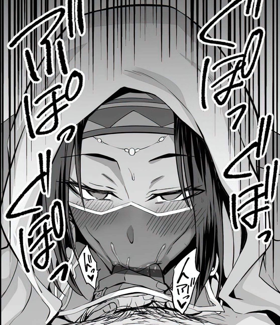 1boy arabian_clothes bangs bar_censor blush censored circlet earrings eyebrows_visible_through_hair fate/grand_order fate_(series) fellatio fellatio_under_mask fellatio_under_veil female heart highres holding hood hood_up ijima_yuu jewelry looking_at_viewer male_pubic_hair mouth_veil open_mouth oral penis penis_grab pubic_hair short_hair siduri_(fate) solo_focus sound_effects speech_bubble straight translation_request veil