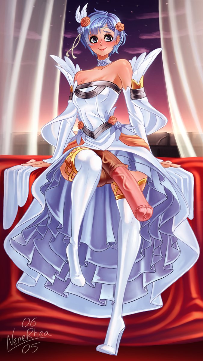 alternate_costume bare_shoulders bedroom bedroom_eyes blue_eyes blue_hair blush bride choker cleavage detached_sleeves fire_emblem fire_emblem:_the_binding_blade fire_emblem_heroes futa_bride futa_only futanari high_heels horsecock human_with_animal_genitalia human_with_horsecock light_blue_hair long_penis long_sleeves looking_at_viewer medium_breasts nenerhea night nintendo on_bed shanna_(bridal)_(fire_emblem) shanna_(fire_emblem) short_hair sky smile thighhighs wedding_dress wide_hips