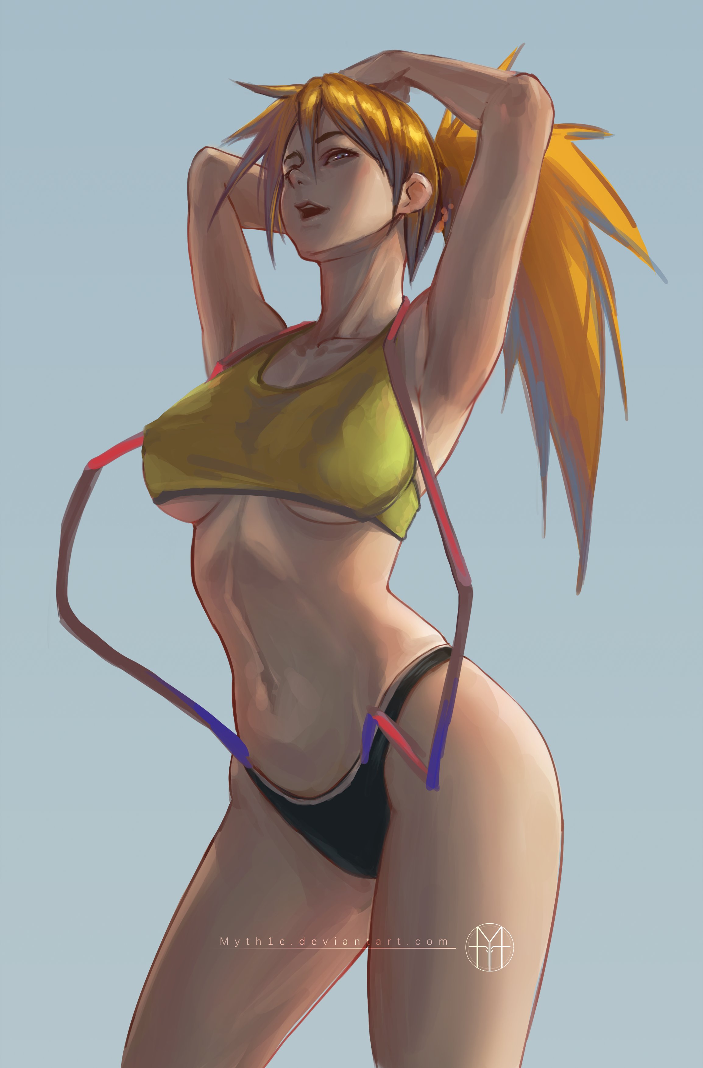 1girls, big breasts, blue eyes, breasts, female, female only, huge breasts, kasumi (pokemon), large breasts, legs, long hair, misty (pokemon), myth1c, orange hair, pokemon, pokemon rgby, red hair, solo, suspenders, thick, thighs, underboob