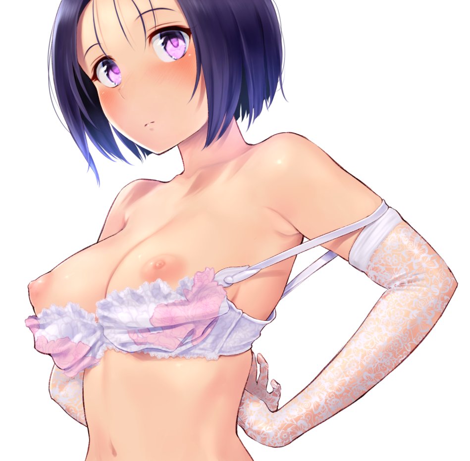 arms_behind_back bare_shoulders blush bra bra_pull breasts breasts_out commission elbow_gloves female gloves lace lace_gloves lingerie looking_at_viewer medium_breasts navel nipples perky_breasts puffy_nipples purple_eyes purple_hair sairenji_haruna shiny shiny_hair short_hair simple_background skeb_commission solo to_love-ru underwear underwear_only upper_body wa_(genryusui) white_background white_bra white_gloves