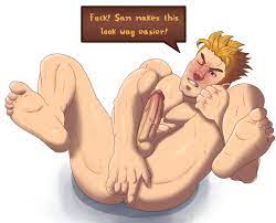 1boy 1male anal_fingering anal_penetration blonde_hair blush erection finger_fuck fingering fingering_self first_time implied_incest inviting_to_sex kent_(stardew_valley) large_penis legs_held_open legs_up male_only male_penetrating muscular muscular_male nude one_eye_closed stardew_valley veiny_penis white_background