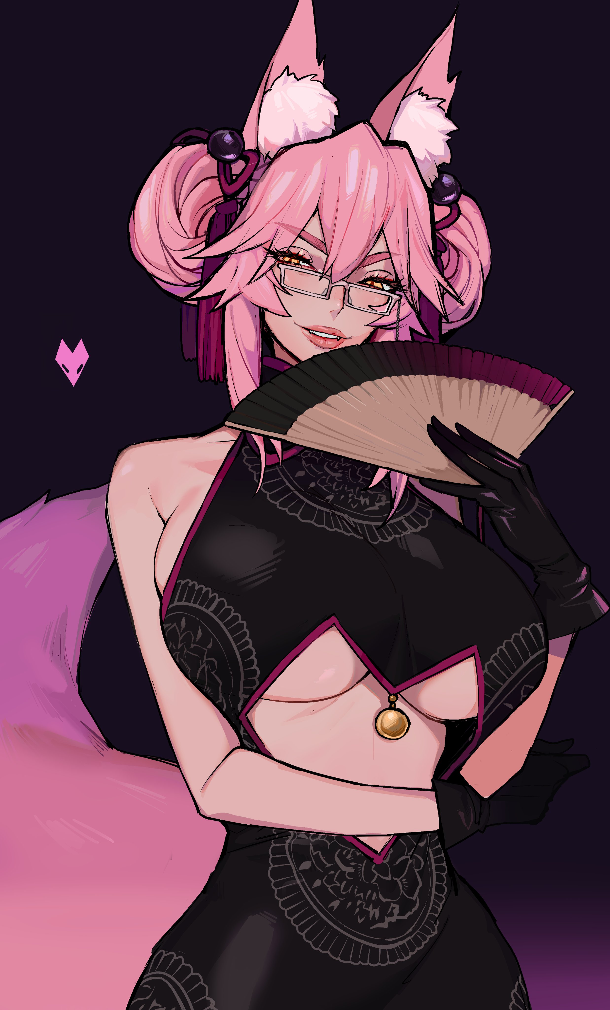 1girls, absurd res, animal ears, black background, breasts, chinese clothes, clothing, ear tuft, ennuigrl, fate (series), fate/extra, fate/grand order, female, female only, folding fan, fox ears, fox girl, fox tail, glasses, gloves, heart, koyanskaya (chinese lostbelt outfit), koyanskaya (fate), looking at viewer, narrowed eyes, pink hair, slit pupils, solo, solo female, tail, underboob, yellow eyes