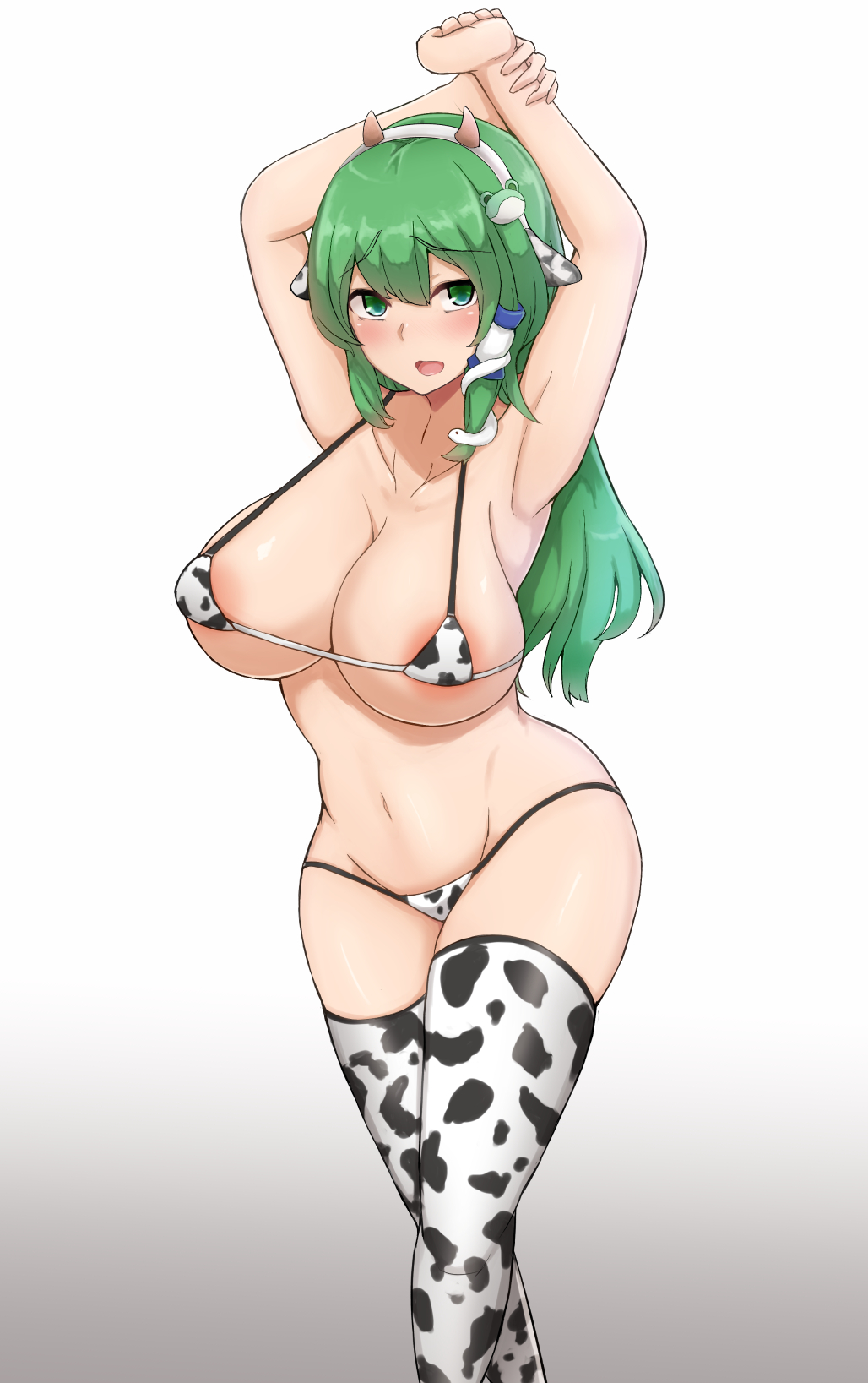 1girls, areola slip, blush, breasts, cow bikini, cow print, cow print thighhighs, female, green hair, large breasts, sanae kochiya, touhou