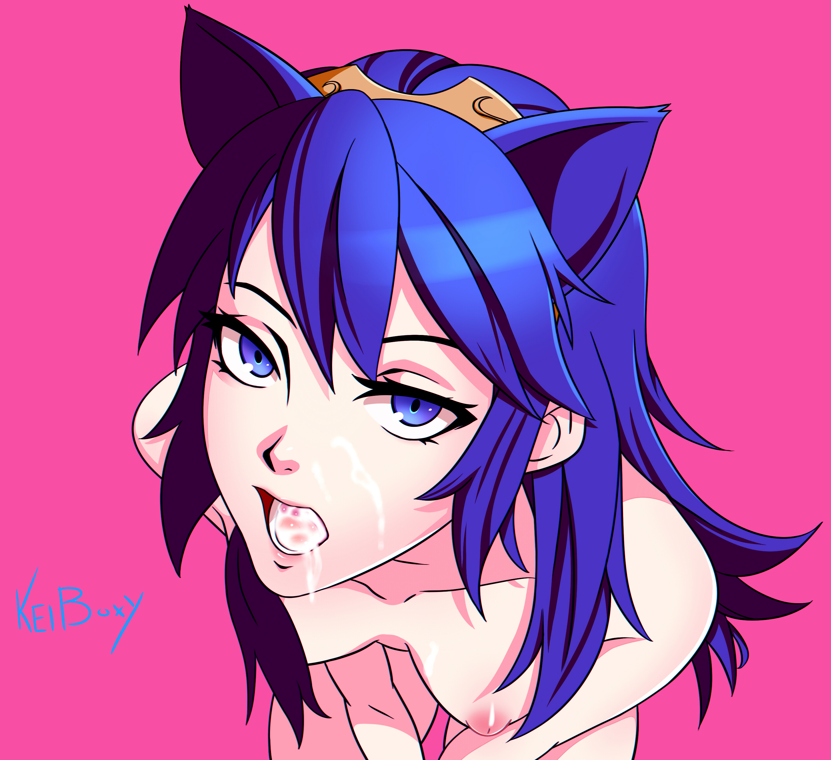 after fellatio, after oral, after sex, bored, cat ears, cat girl, catgirl, cum, cum in mouth, emotionless, expressionless, female, female focus, female only, fire emblem, fire emblem awakening, keiboxy, looking at viewer, lucina (fire emblem), nintendo, open mouth, semen, signature, simple background