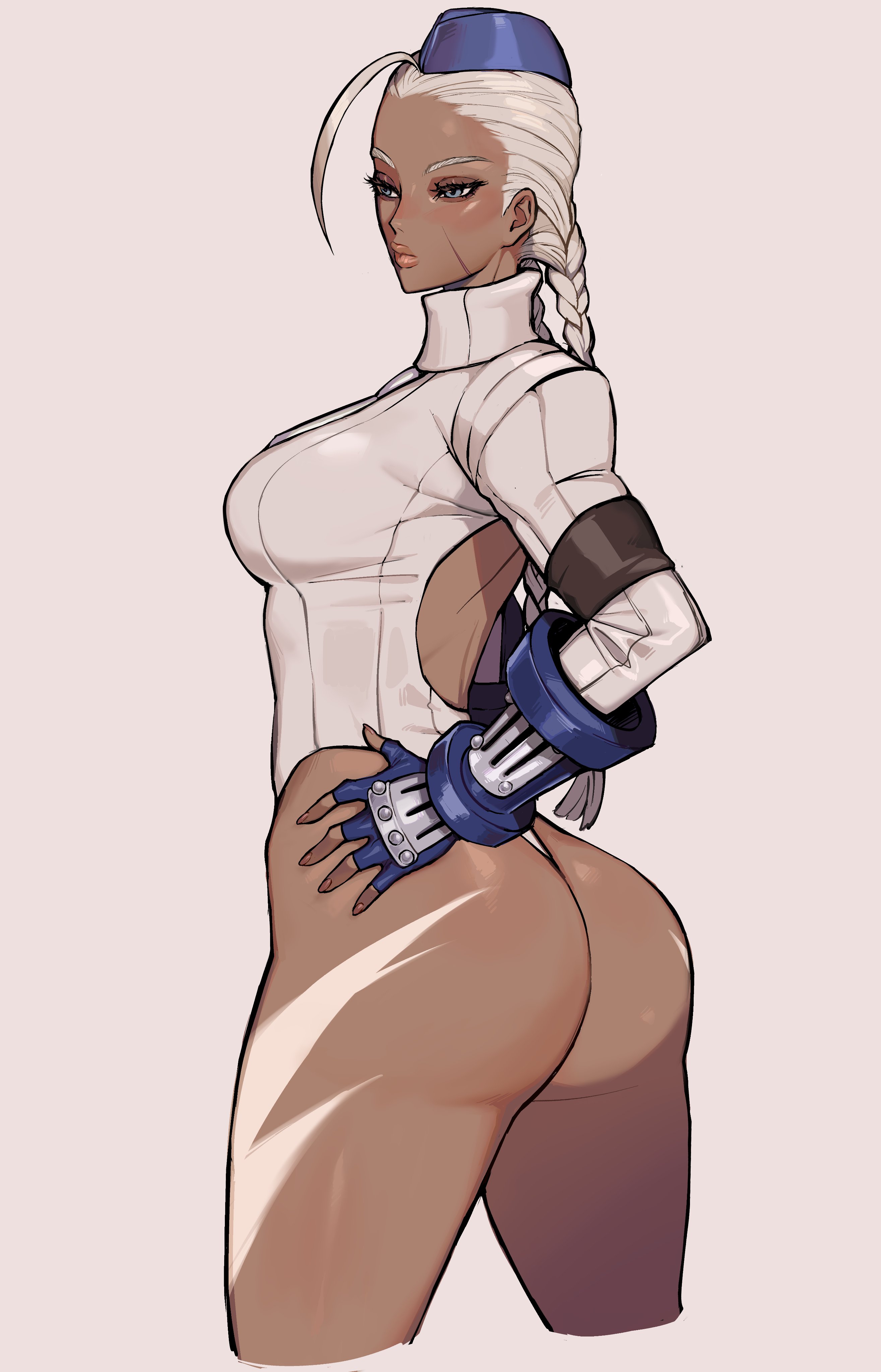 1girls, absurd res, alternate costume, armwear, ass, boobs and butt pose, braid, breasts, cammy white, cap, capcom, dark skin, dark-skinned female, ennuigrl, female, female only, fingerless gloves, grey eyes, hair tuft, hand on hip, leotard, long hair, narrowed eyes, pink background, scar on face, side view, solo, solo female, street fighter, white hair