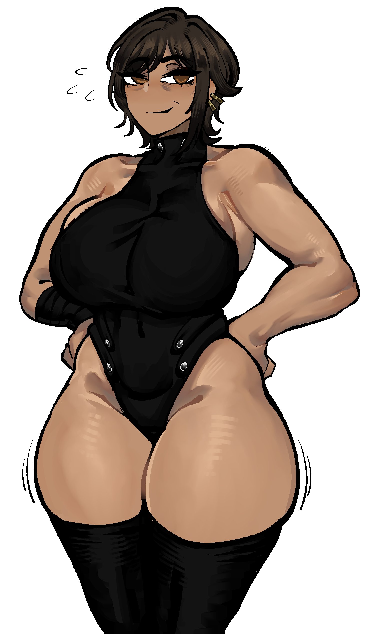 1girls, big breasts, curvy, curvy figure, dark skin, dark-skinned female, eclipseecliptus, female focus, female only, leotard, limbus company, mature female, outis (limbus company), project moon, shihouin yoruichi (cosplay), short hair, skimpy, skimpy clothes, skin tight, smug, smug grin, solo, solo female, solo focus, thick thighs, thighhighs, white background, wide hips