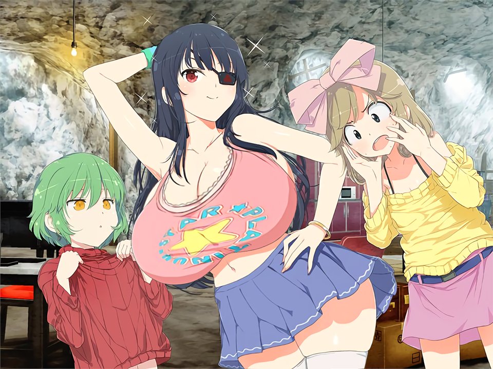 aged down, aged up, april fools, breast envy, breast expansion, breast growth, breast growth (enlargement), breasts, cave, eye patch, female, haruka (senran kagura), hikage (senran kagura), large breasts, marvelous, mirai (senran kagura), official art, pose, senran kagura, sideboob, thiccerwaifus, thick thighs