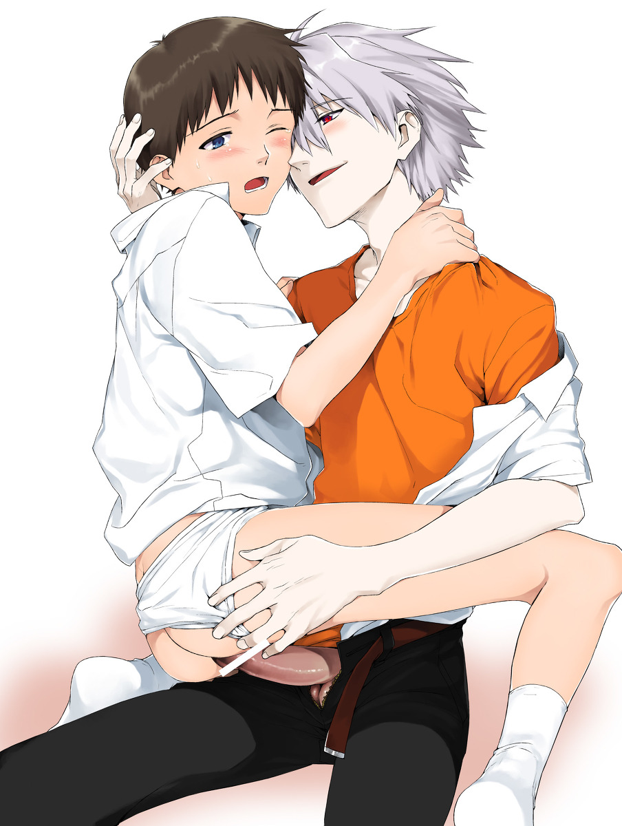 2boys, age difference, anal, anal penetration, anal sex, ass, balls, blue eyes, blush, brown hair, censor bar, censored, clothed sex, clothing, crying, domination, embrace, gay, human, human only, kaworu nagisa, light skin, light-skinned male, male, male on male, male only, male/male, mastery position, missionary position, neon genesis evangelion, one eye closed, pale skin, pale-skinned male, pants removed, penis, penis in ass, pointless censoring, red eyes, shinji ikari, sitting on penis, size difference, socks, sweat, testicles, thin legs, underwear, underwear aside, unzipped pants, white hair, yaoi