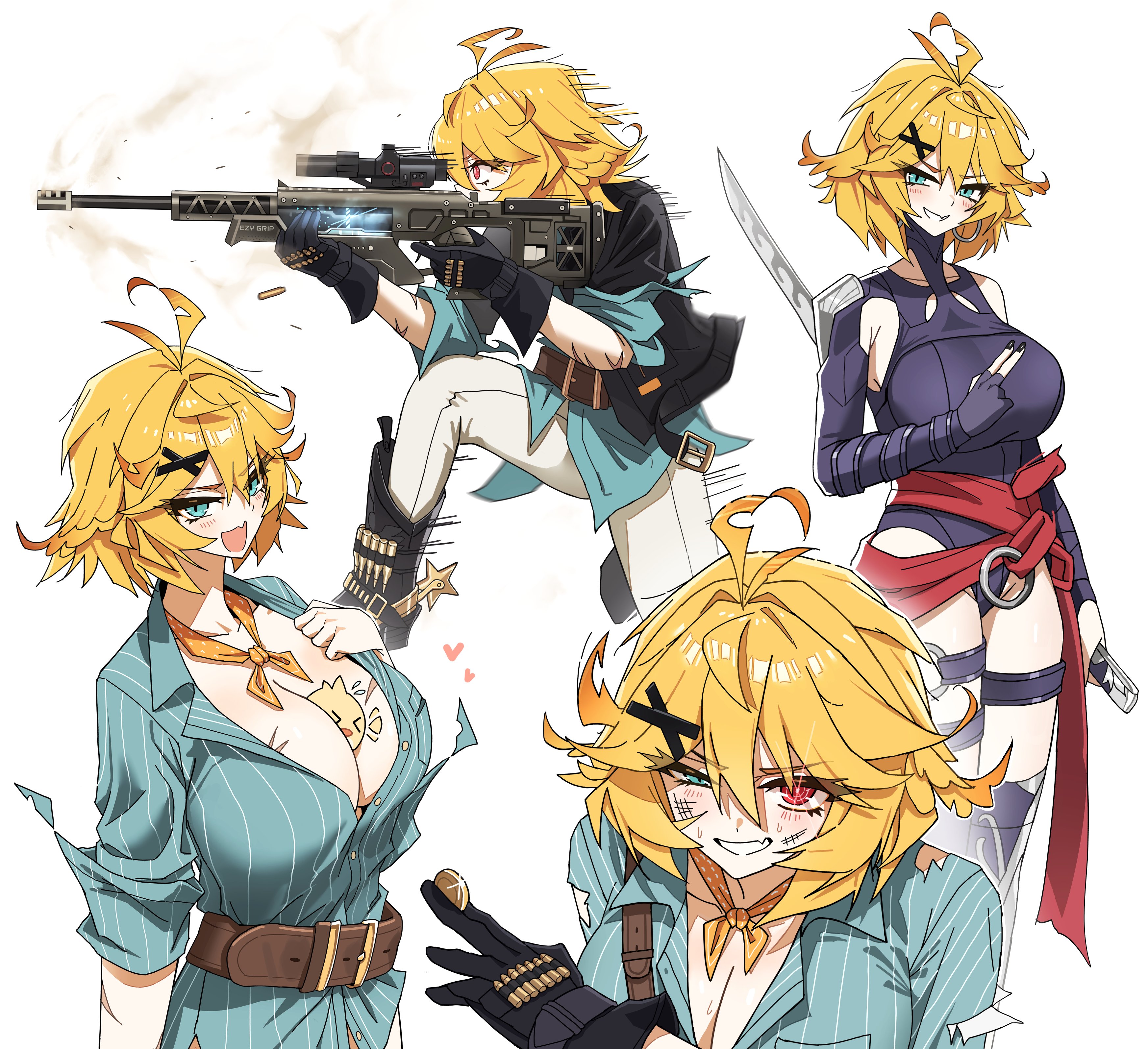 1girls, ahoge, alternate breast size, between breasts, big breasts, blonde hair, cleavage, cleavage overflow, clothed, cyan eyes, dokibird, dokibird (bounty hunter), dotthebot, dragoon (dokibird), fan mascot (vtuber), head wings, heterochromia, indie virtual youtuber, large breasts, psylocke (cosplay), scarf, virtual youtuber, vtuber, x hair ornament