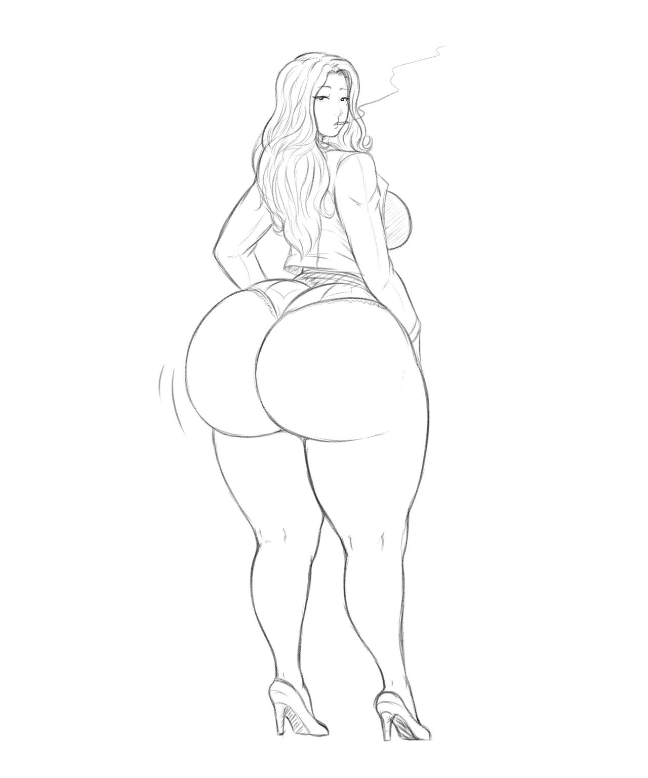 1girls, ass, ass focus, bare ass, bare legs, behind view, big ass, big breasts, big thighs, bottom heavy, breasts, fat ass, female, franktonius, heels, high heels, huge ass, huge breasts, looking at viewer, looking back, monochrome, round ass, short shorts, shorts, sketch, smoking, thick ass, thick thighs, wide hips