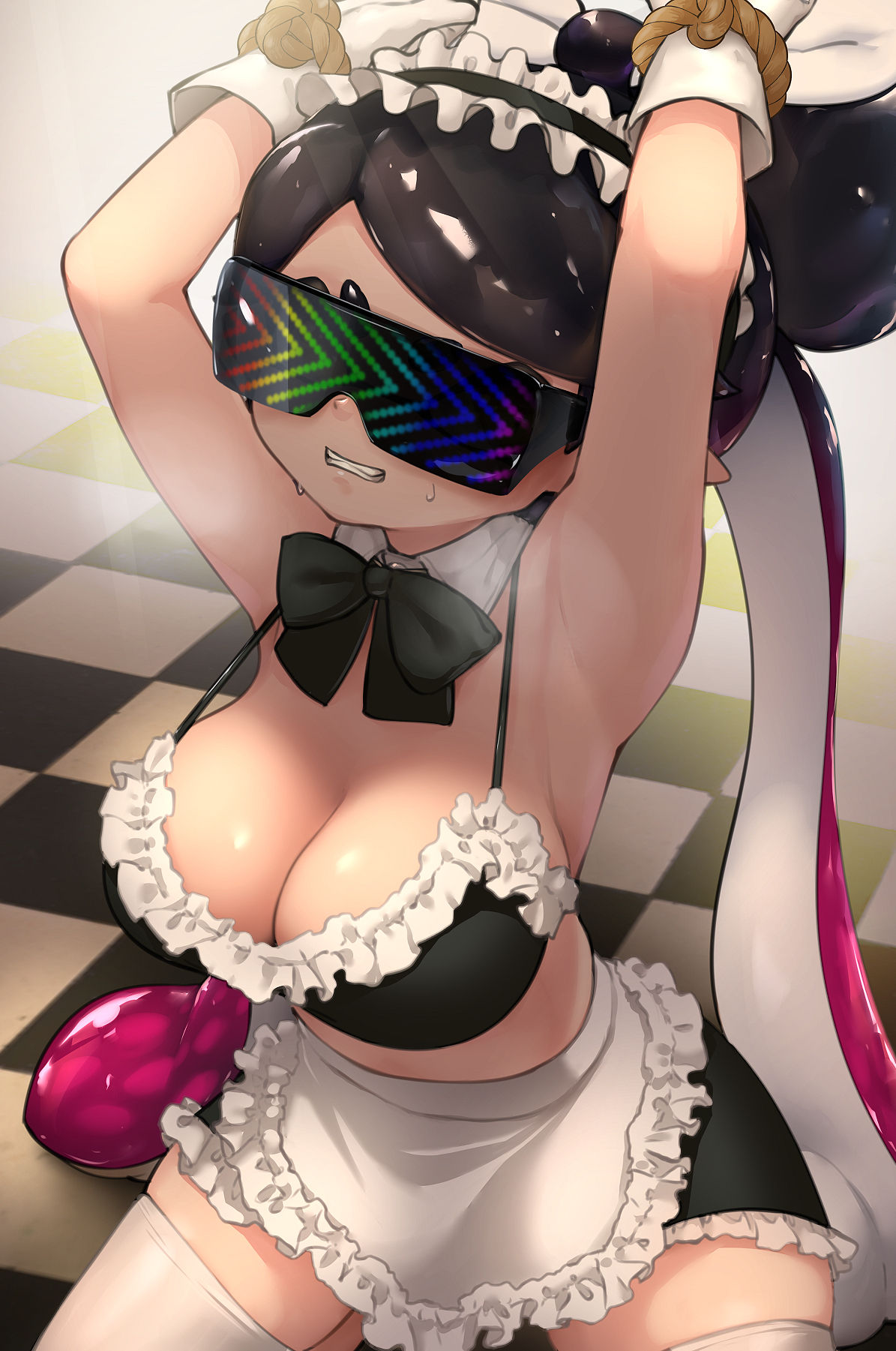 1girls apron armpits arms_up bare_shoulders big_breasts bondage bra brainwashing breasts callie_(splatoon) cleavage detached_collar female female_focus female_only femsub frills glasses gloves hi_res high_resolution highres hizake hypno_shades_(splatoon) hypnosis hypnotic_visor inkling kashu_(hizake) large_breasts legwear lingerie long_hair maid maid_bikini maid_headdress maid_uniform mind_control miniskirt multicolored_hair nintendo octo_callie pointy_ears pseudo_hair rope_bondage shiny_hair skirt slave smooth_skin splatoon splatoon_2 stockings string string_bra sunglasses sweat sweatdrop tech_control tentacle_hair tied_up tinted_eyewear two_tone_hair visor white_gloves