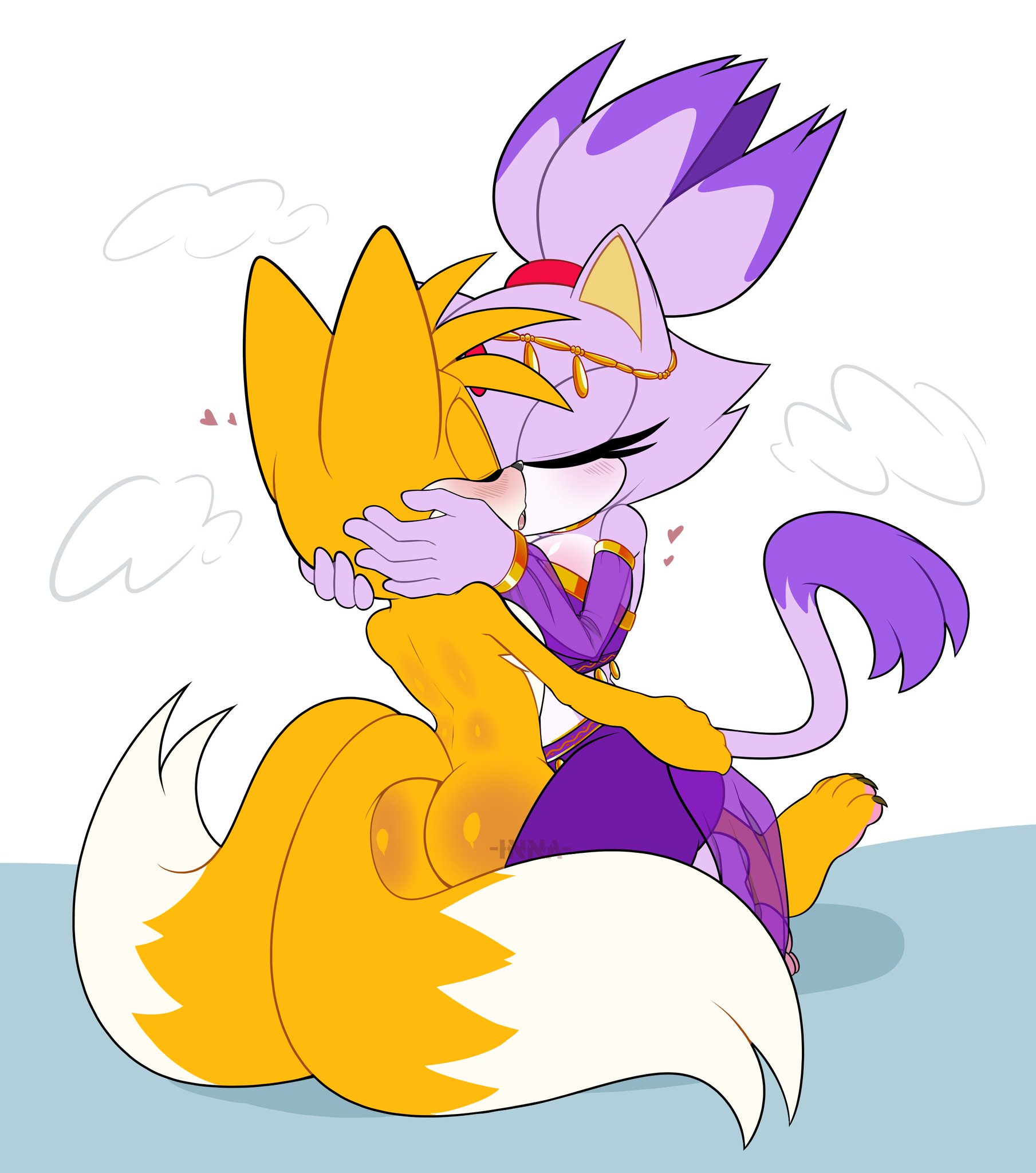 anthro, anthro on anthro, ass, blaze the cat, blush, breasts, butt, canine, clothed, clothed female, clothed female nude male, domestic cat, duo, feline, female, fox, fur, furry, innansfw, interspecies, kissing, male, male/female, mammal, miles prower, miles tails prower, naked, naked male, nude, nude male, nude male clothed female, orange body, orange fur, purple body, purple fur, purple hair, sega, sonic (series), sonic the hedgehog (series), tagme, tails, tails the fox