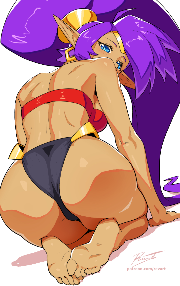 1girls, ass, barefoot, big ass, big breasts, blue eyes, breasts, dark skin, dark-skinned female, earrings, female, female only, harem outfit, harem pants, long hair, medium breasts, pointy ears, ponytail, purple hair, revenantart, shantae, shantae (character), solo