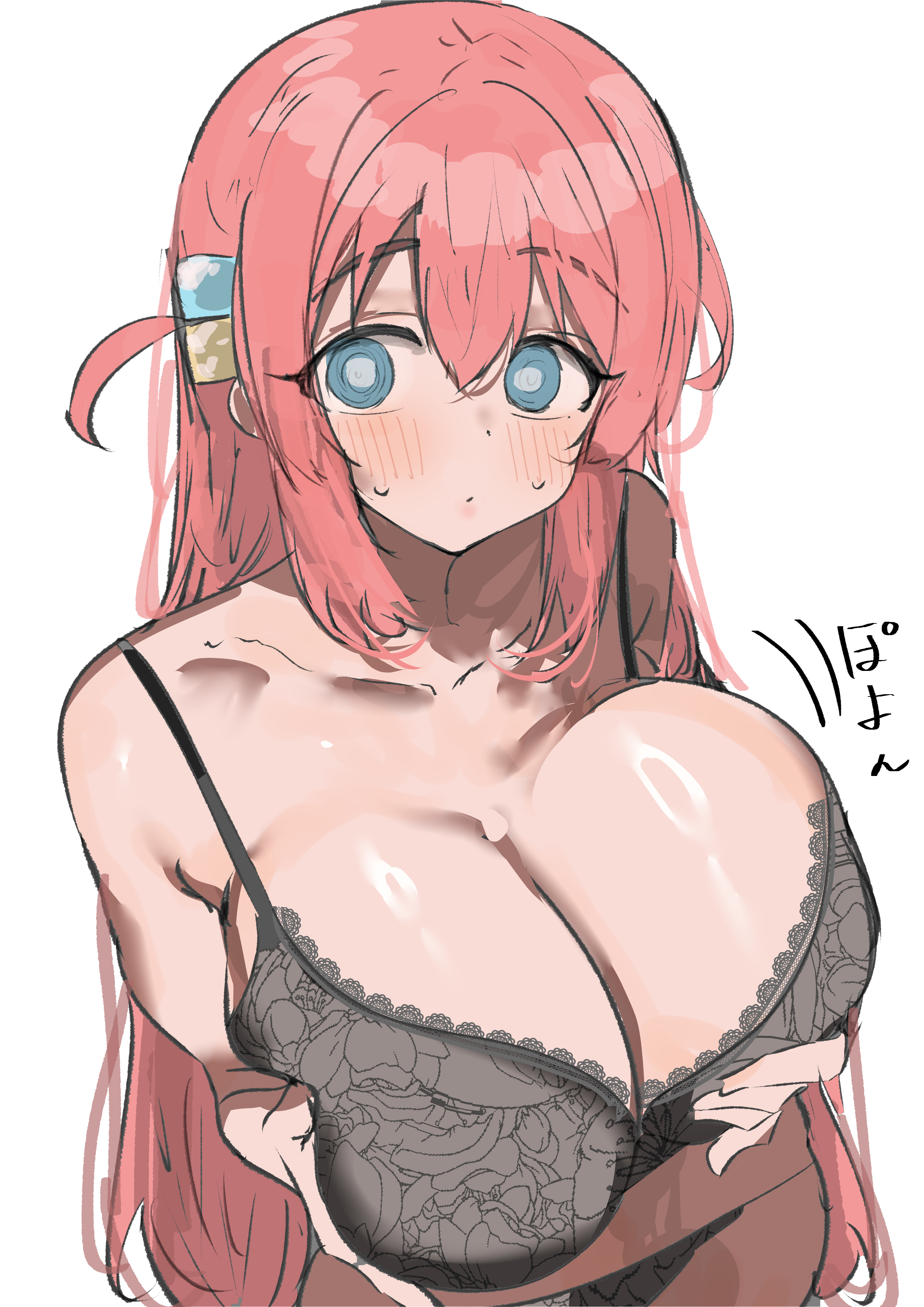1girl, absurdres, bare shoulders, blue eyes, blush, bocchi the rock!, bra, breasts, bursting breasts, cleavage, commentary, cube hair ornament, gotou hitori, grabbing own breast, grey bra, grey panties, hair ornament, highres, holding own breasts, huge breasts, lace trim, lace-trimmed bra, lingerie, long hair, one side up, panties, pink hair, ring light reflection, simple background, solo, straining clothing, sunya (honorin-yuunibo), sweatdrop, tight clothing, underwear, white background