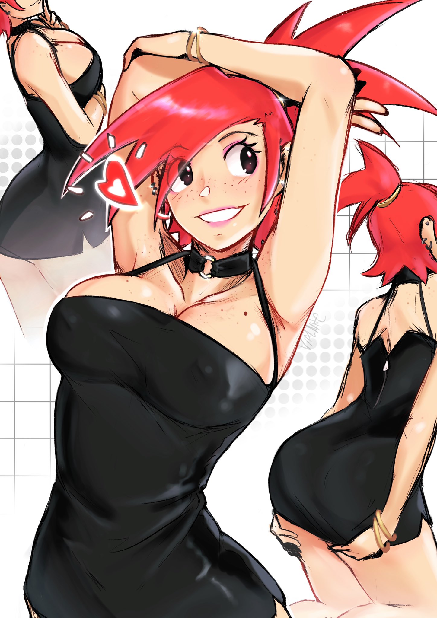 1girls, armpits, arms up, ass, black dress, breasts, cartoon network, choker, collarbone, curvy, dress, eyeshadow, female, female only, foster's home for imaginary friends, frankie foster, freckles, heart, high ponytail, large breasts, lipstick, makeup, mole, nipples visible through clothing, ponytail, red hair, smiling, spoken heart, thighs, vialnite, voluptuous